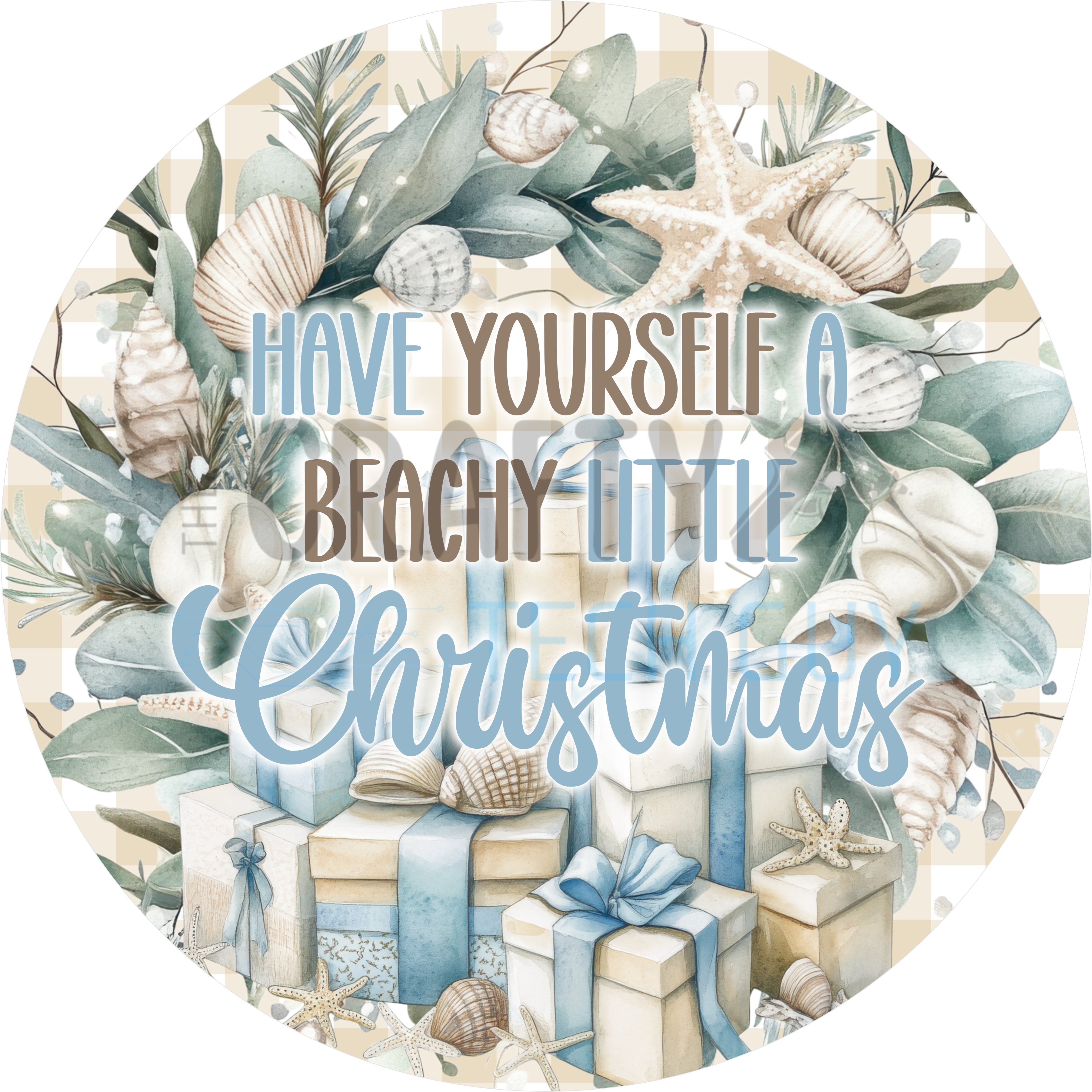Beachy Christmas Sign with Seashells, Starfish, Coastal Wreath, and Blue Gift Boxes for Coastal Holiday Home Décor