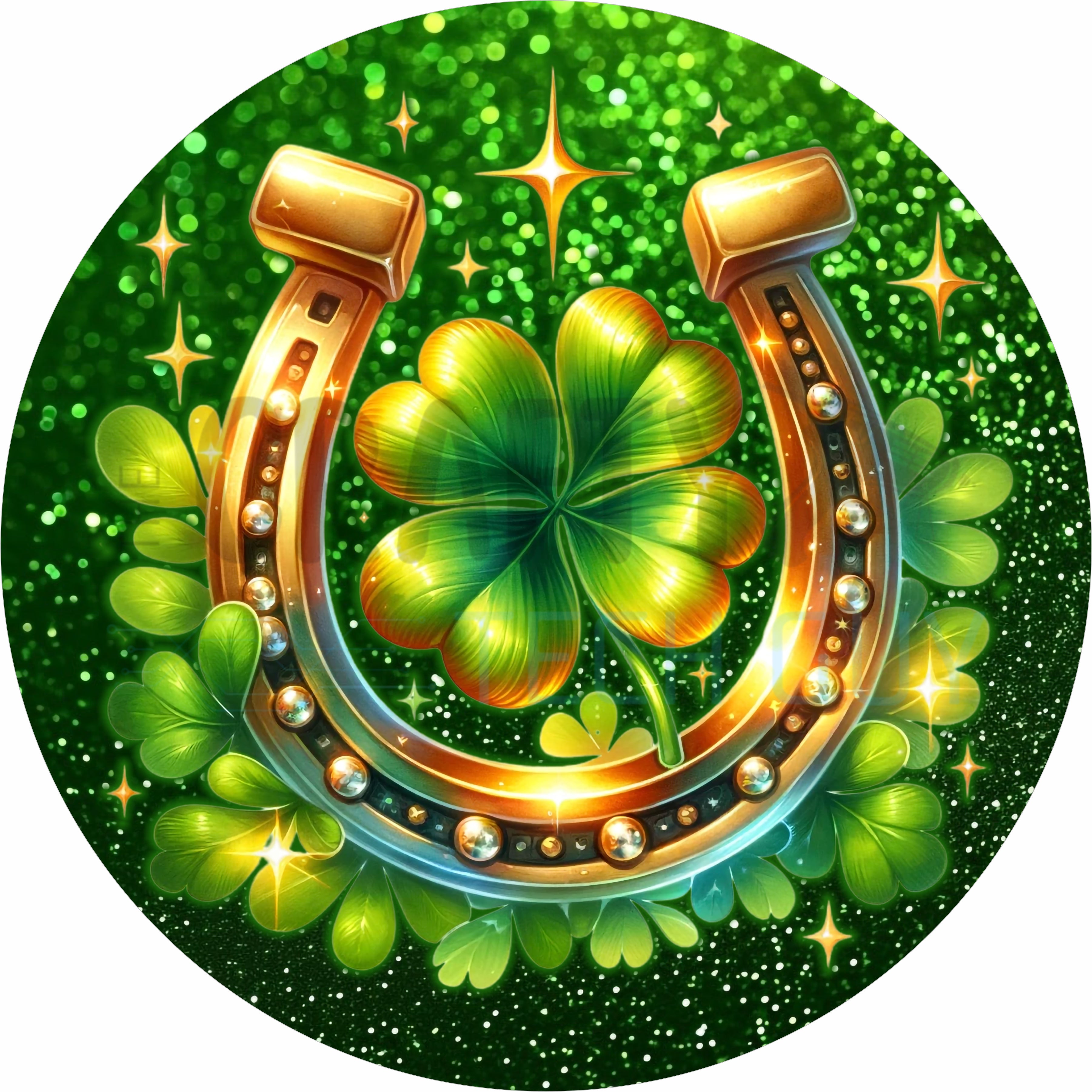 St. Patrick’s Day Lucky Horseshoe Round Wreath Sign – Glittering Shamrock Design with Irish Charm