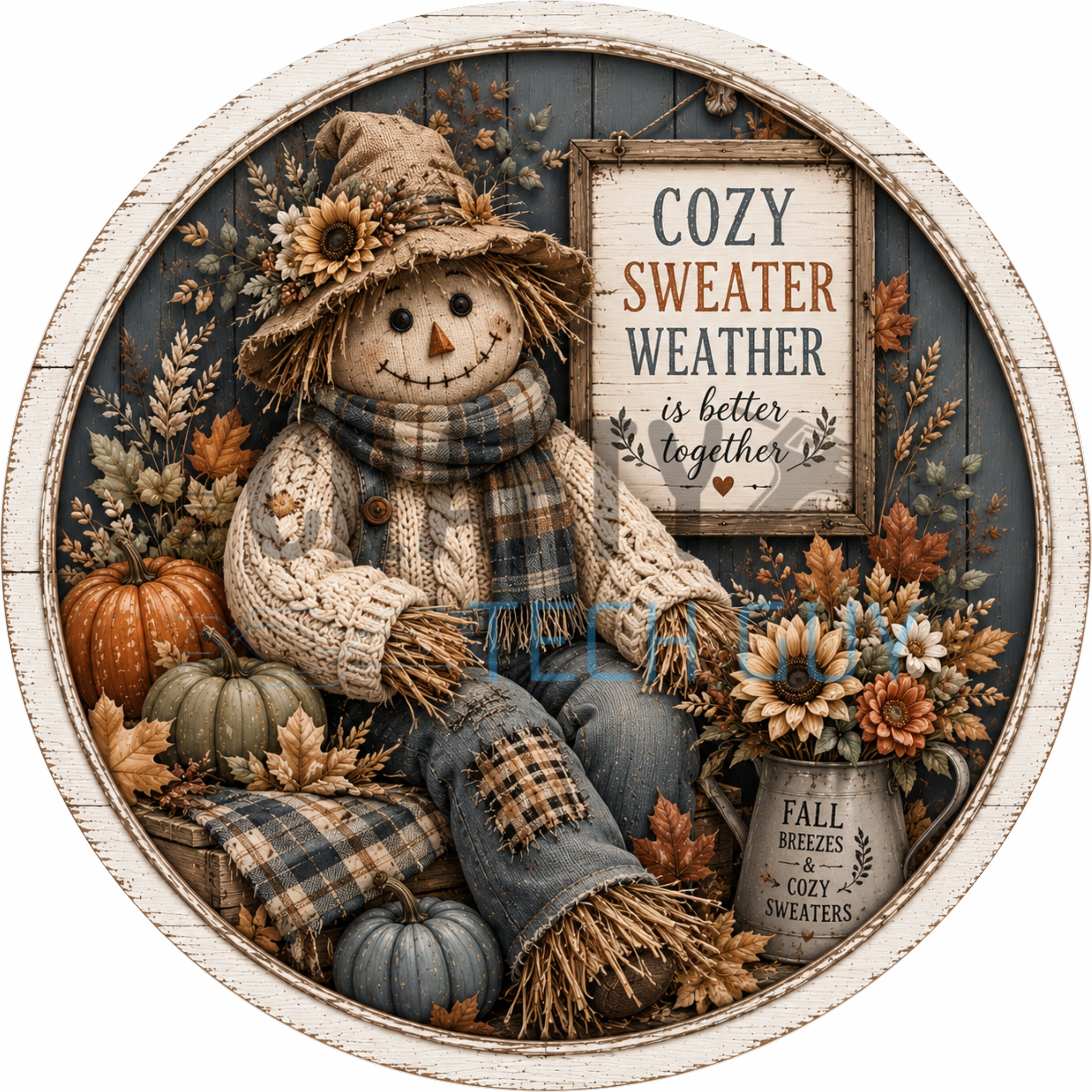 Cozy Sweater Weather Scarecrow Round Wreath Sign