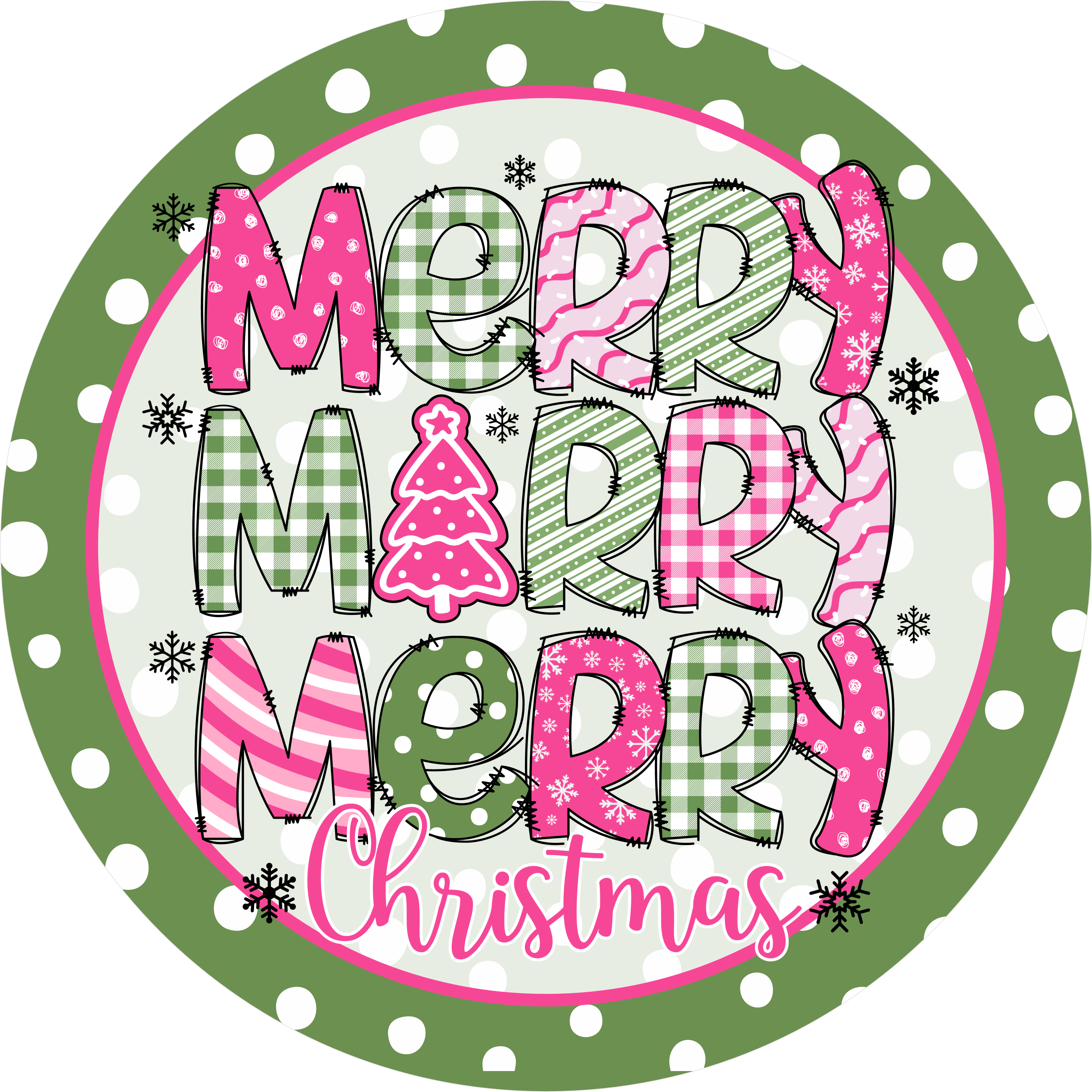 Merry Merry Christmas Sign, Pink and Green Holiday Decor, Playful Christmas Tree Wreath Sign, Cute Polka Dot Holiday Accent