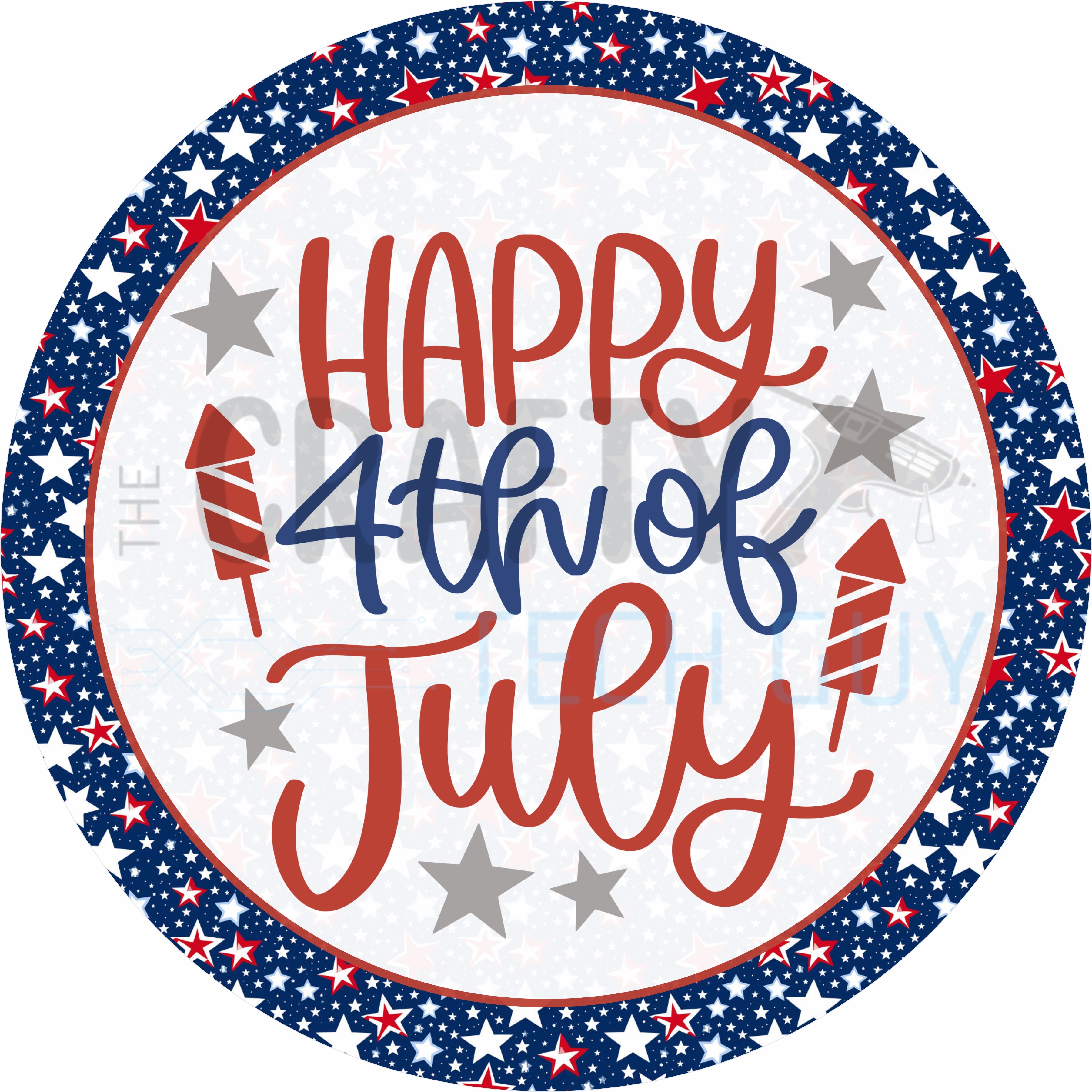 Happy 4th of July Round Wreath Sign – Patriotic Fireworks & Stars Red White Blue Design