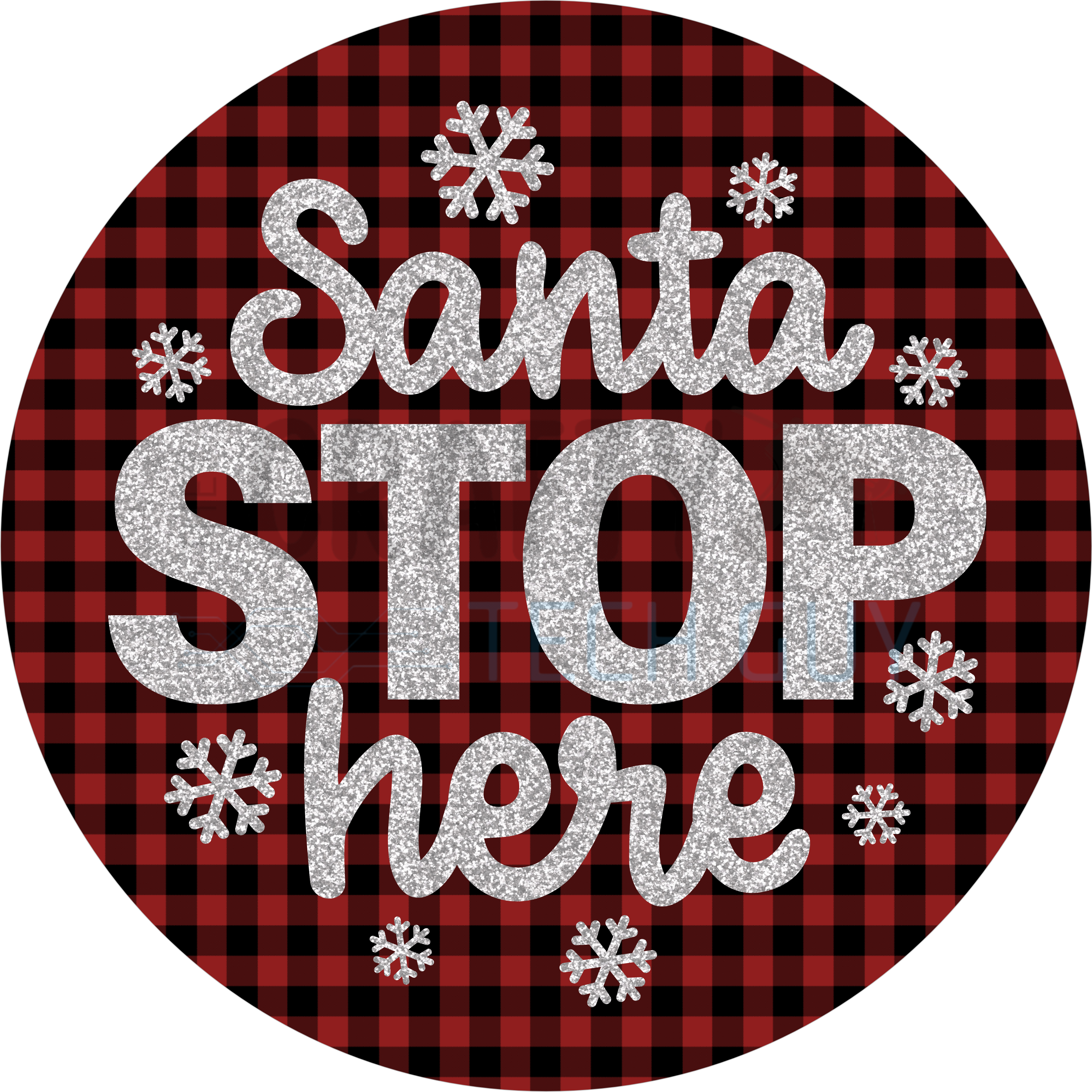 Santa Stop Here Red Buffalo Plaid Christmas Sign, Glitter Snowflake Holiday Decor, Farmhouse Style Christmas Wreath Accent
