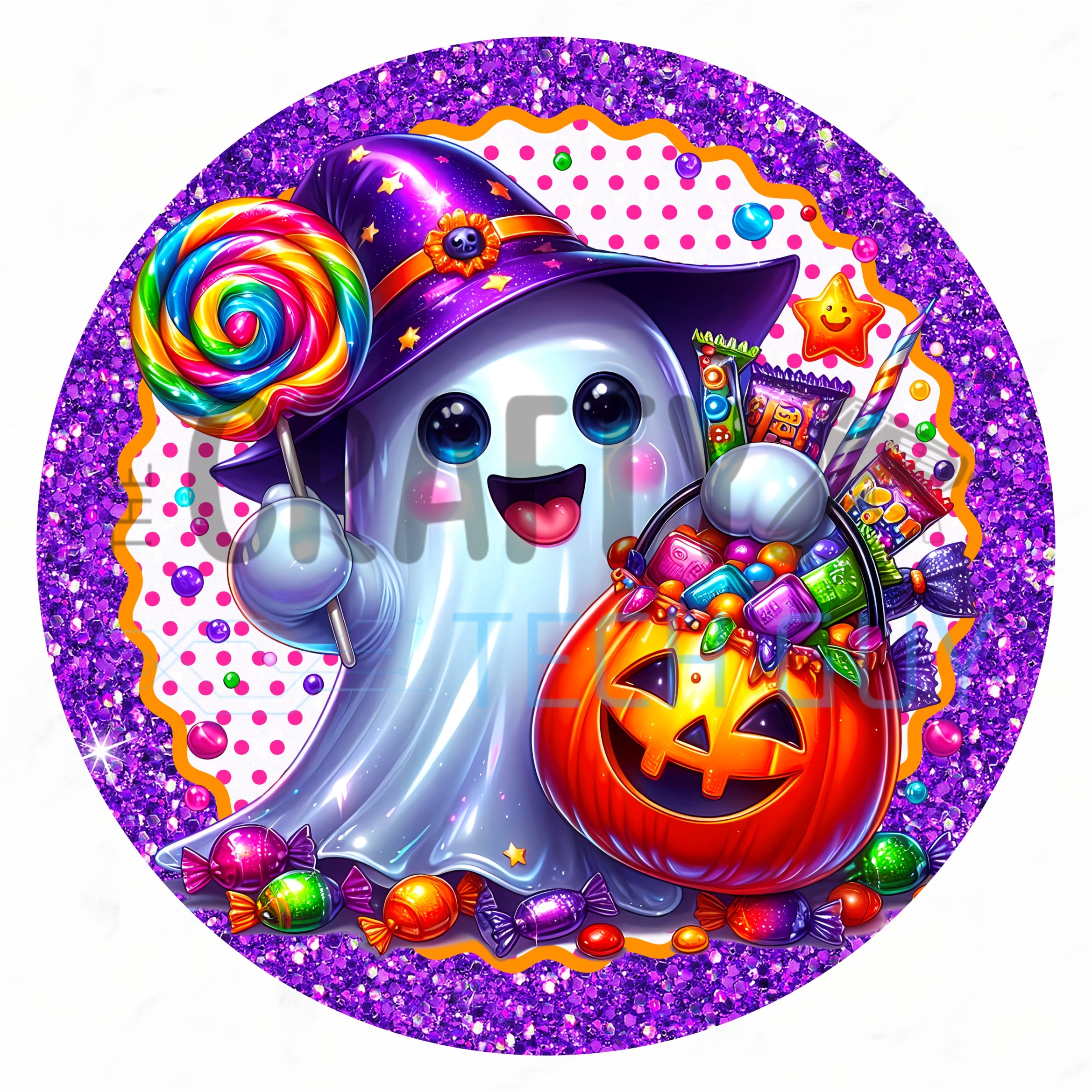 Cute Ghost Candy Halloween 12x12 Round Wreath Sign Purple Glitter Trick or Treat Bucket