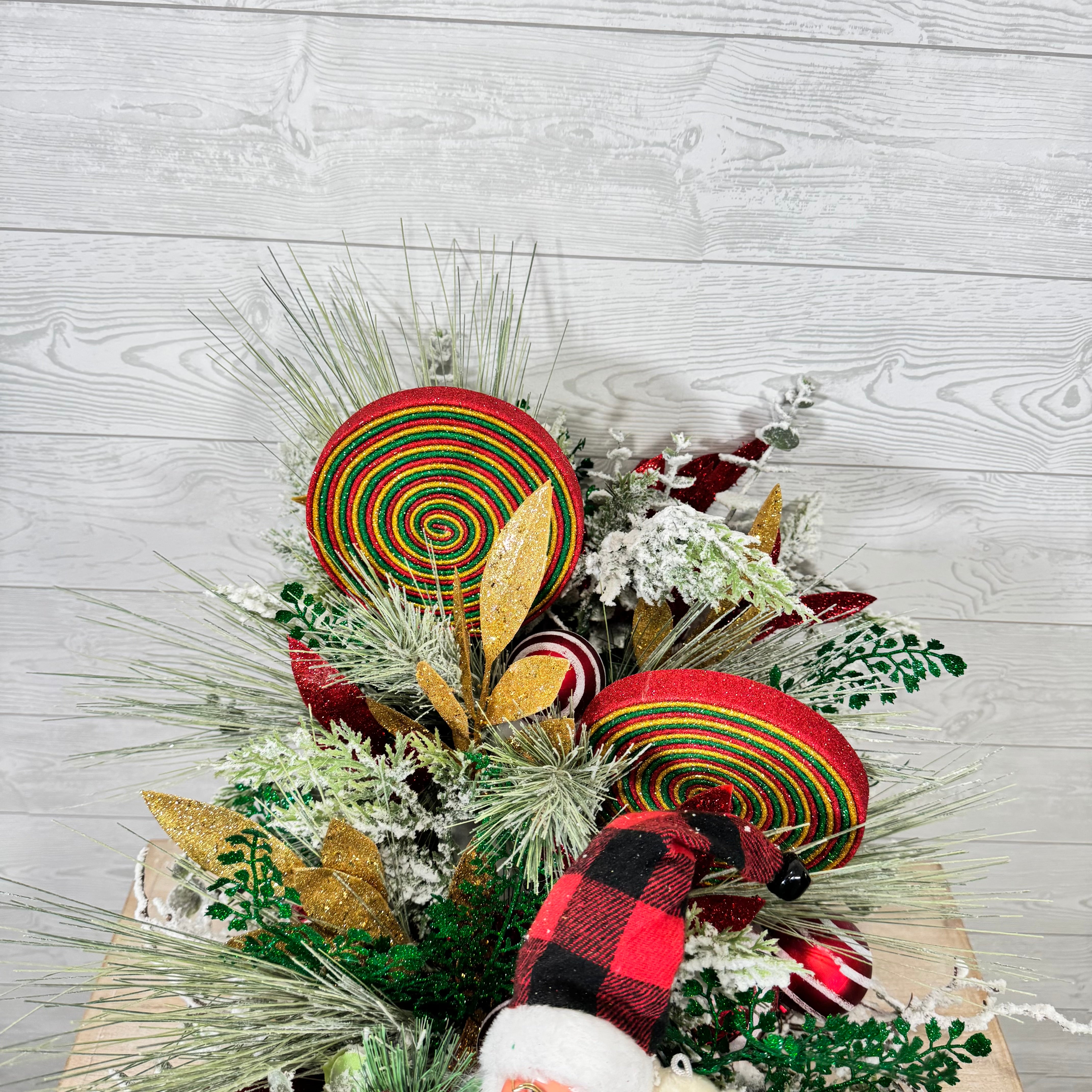 Santa Sleigh Christmas Centerpiece, Whimsical Holiday Arrangement with Plaid Santa, Lollipops & Frosted Greenery