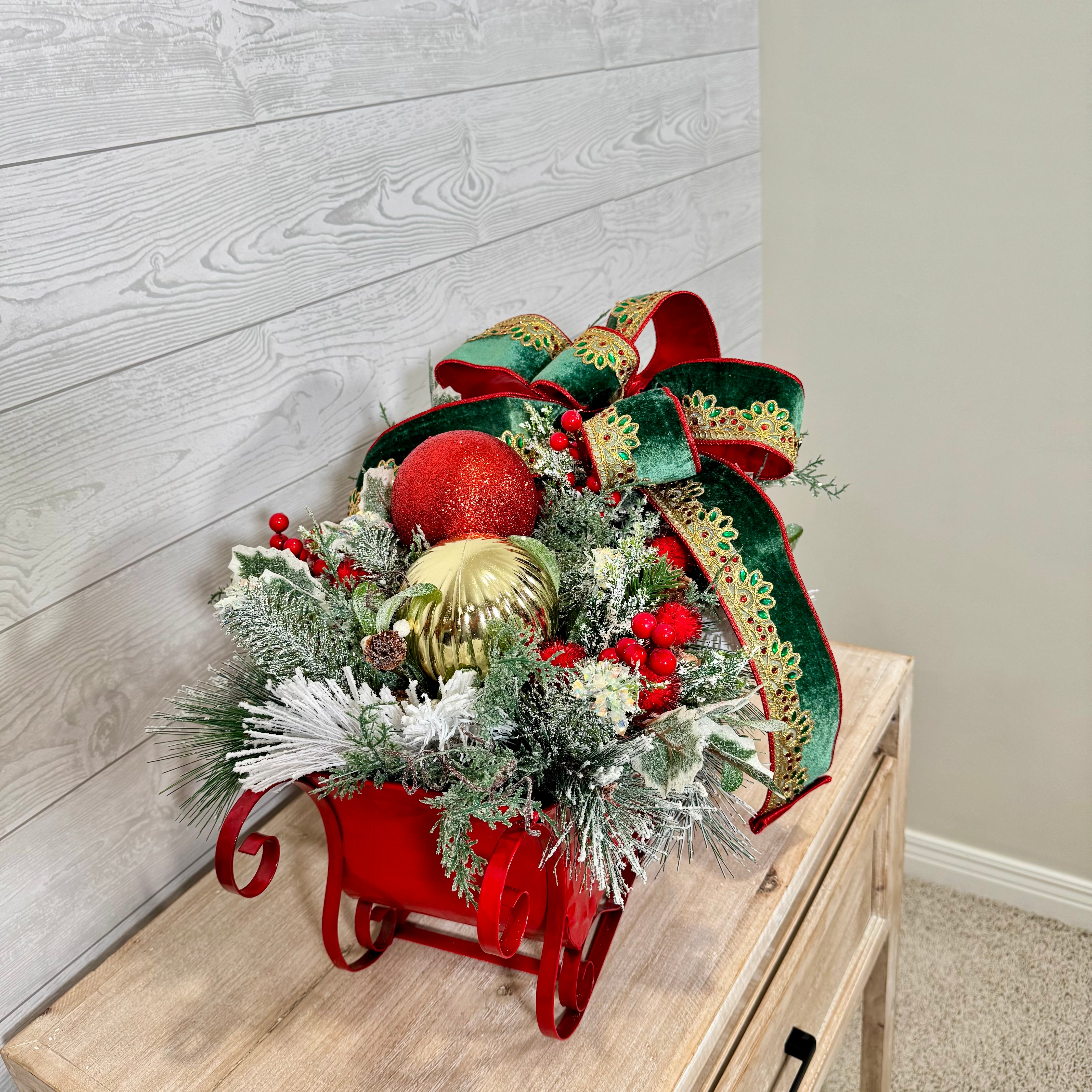 Red Sleigh Christmas Centerpiece, Green Velvet Bow and Ornament Holiday Arrangement, Festive Table Décor