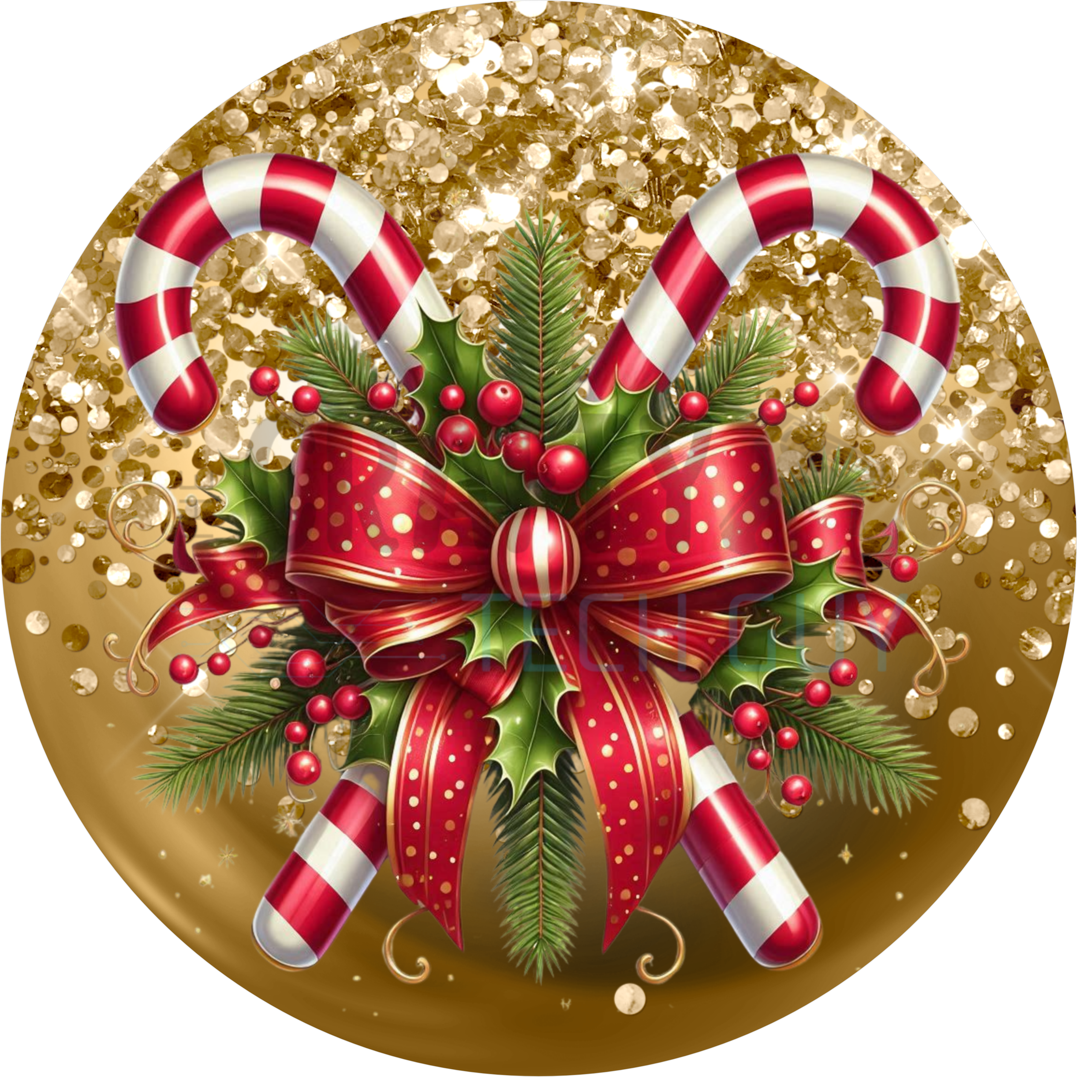 Elegant Candy Cane Christmas Sign with Red Bow, Holly, Pine Sprigs, and Gold Glitter Background for Holiday Home and Wreath Décor