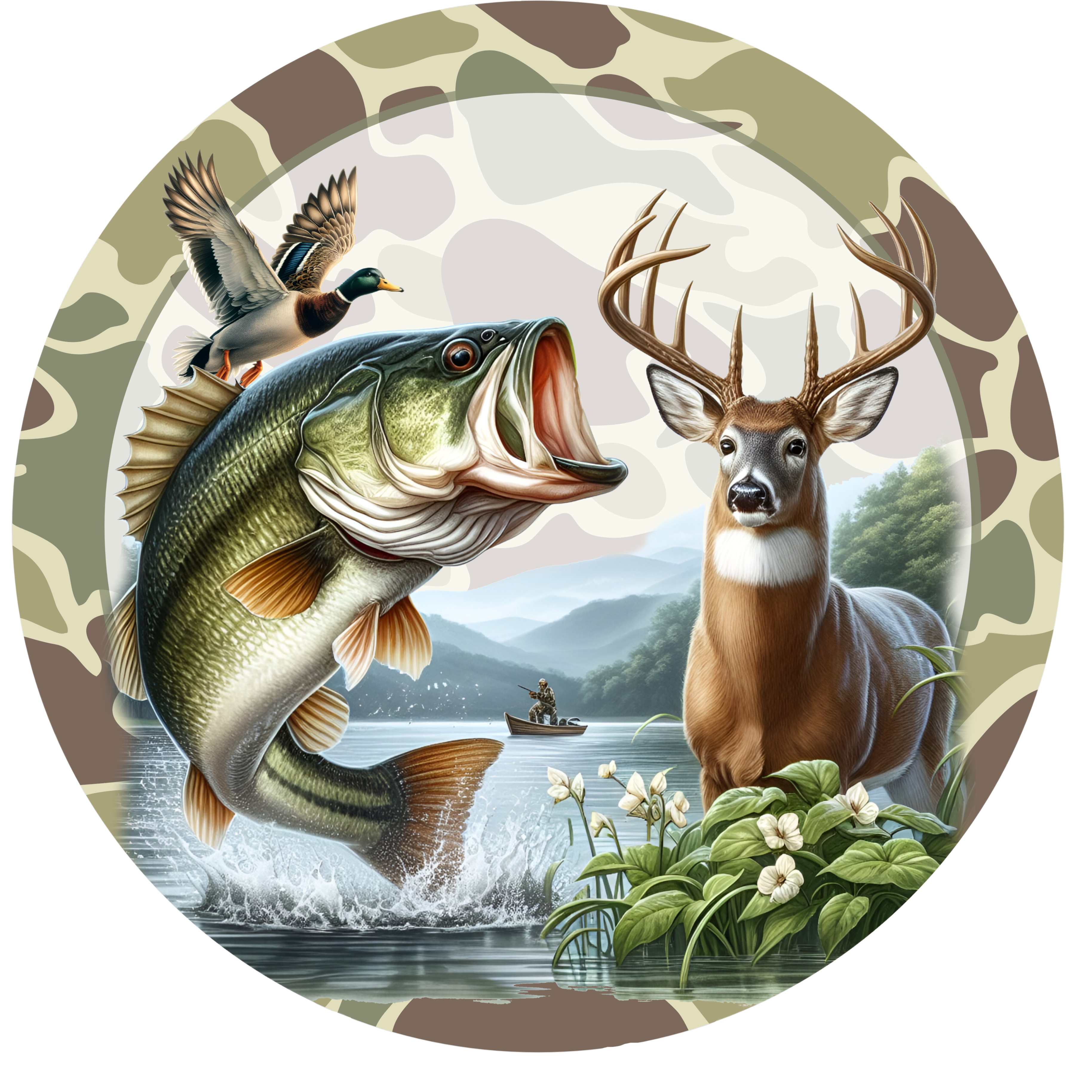 Hunting Fishing Outdoor Decor, Bass Deer Duck Nature Scene, Camo Cabin Wall Art, Sportsman Gift for Hunters and Anglers, Rustic Lodge Style Sign