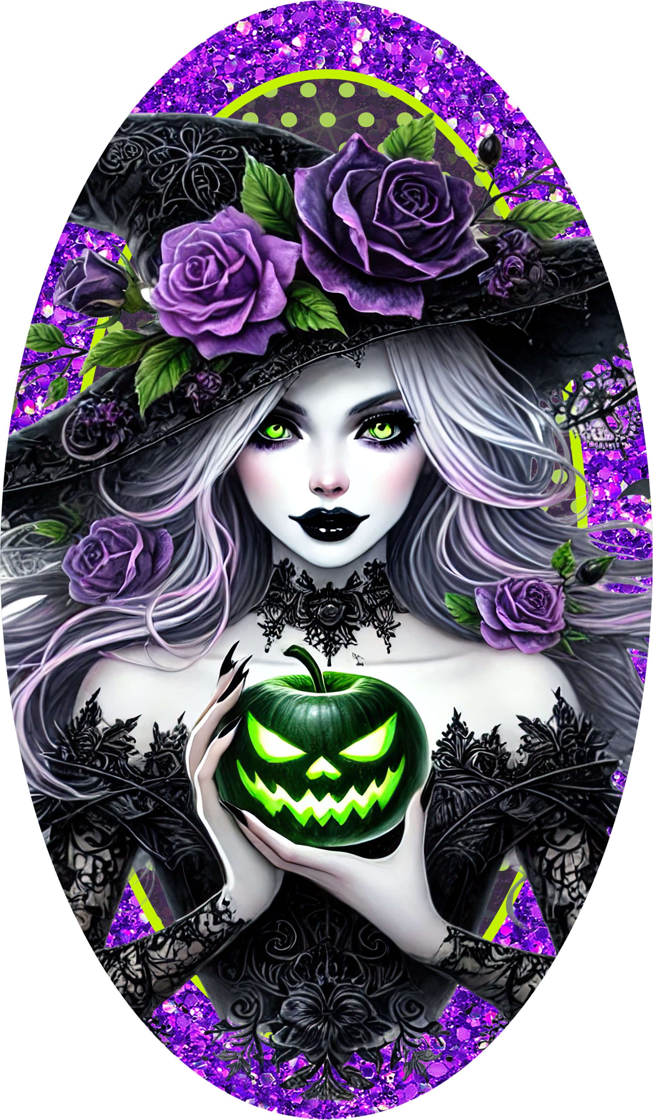 Glam Witch Halloween Sign, Gothic Purple Witch with Green Pumpkin, Sparkly Spooky Halloween Decor, Witchy Glam Door Accent