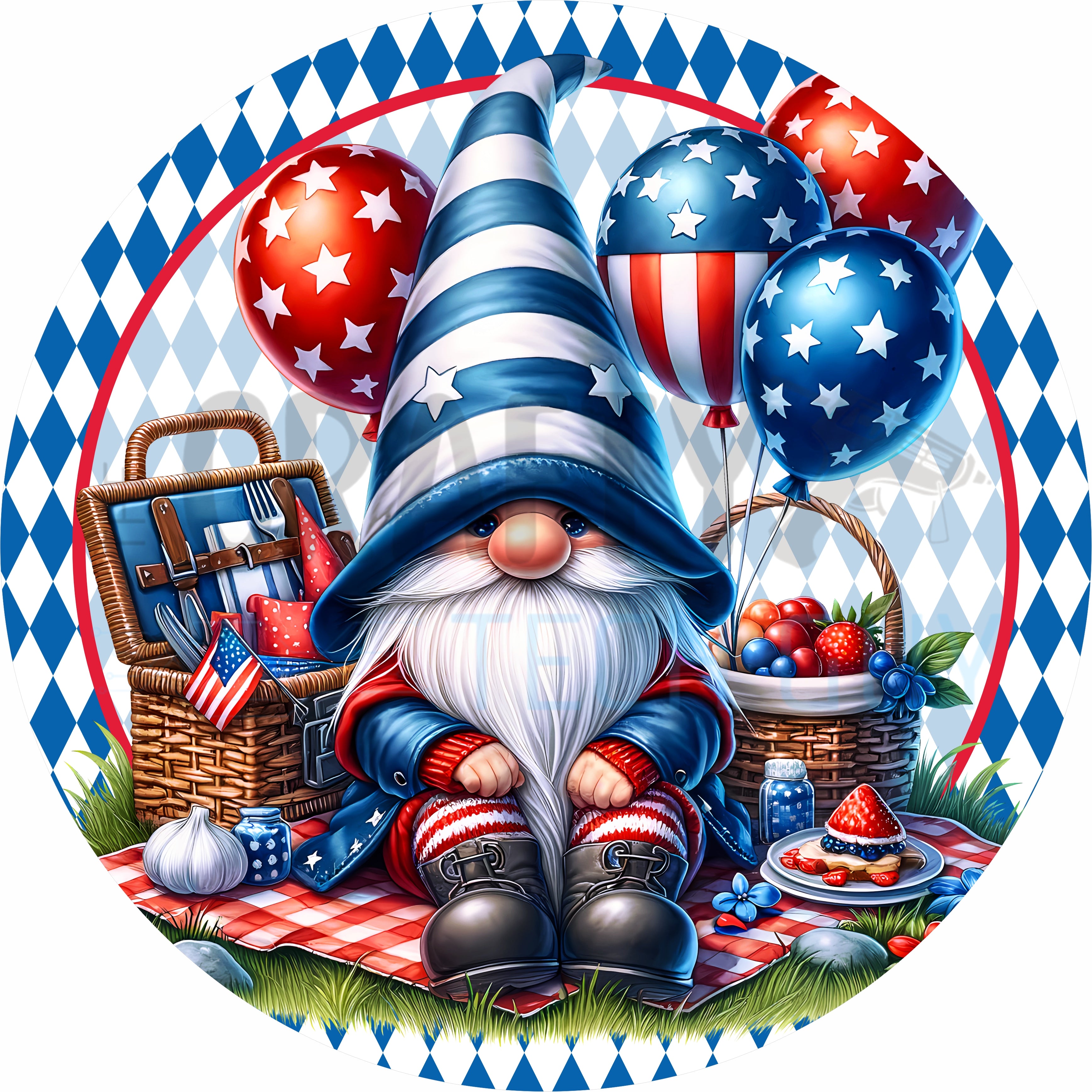 Patriotic Gnome Picnic Round Wreath Sign – Red White Blue Balloons & Fourth of July Celebration