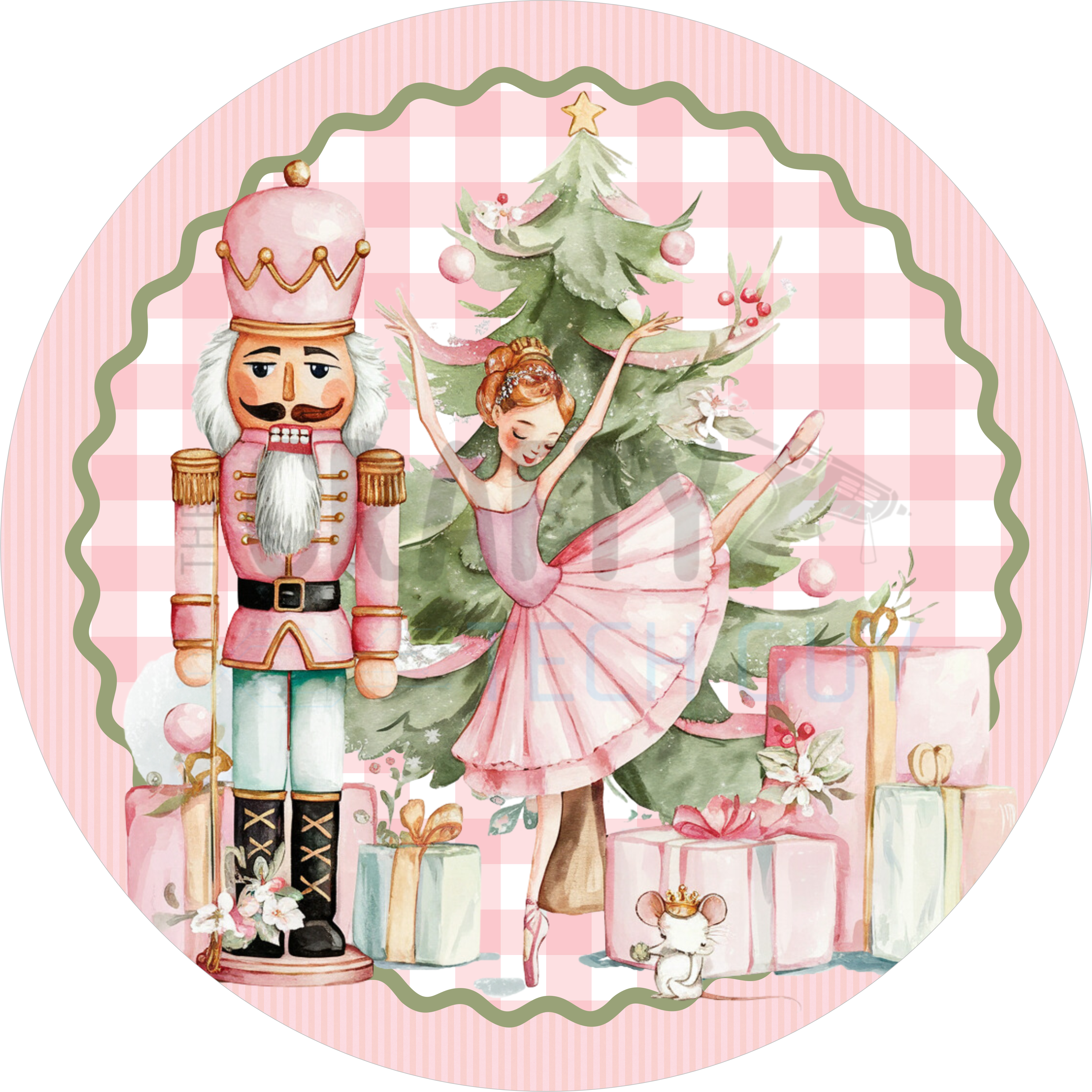 Nutcracker Ballet Pink Christmas Sign, Ballerina and Tree Holiday Decor, Sugar Plum Fairy Wreath Accent, Cottagecore Christmas Art