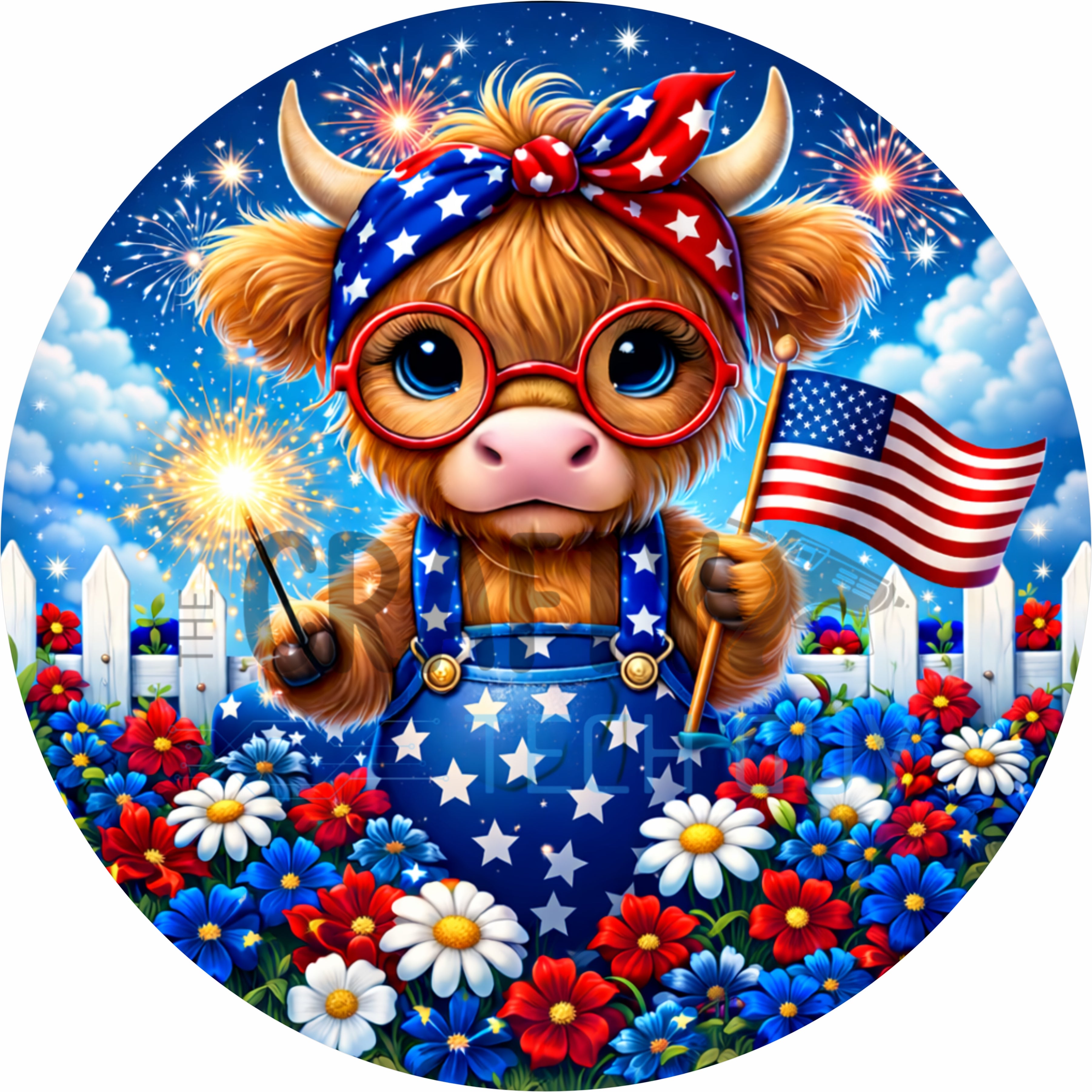 Patriotic Highland Cow Round Wreath Sign, 4th of July Cow Door Hanger, American Flag Cow Decor, Summer Farmhouse Sign