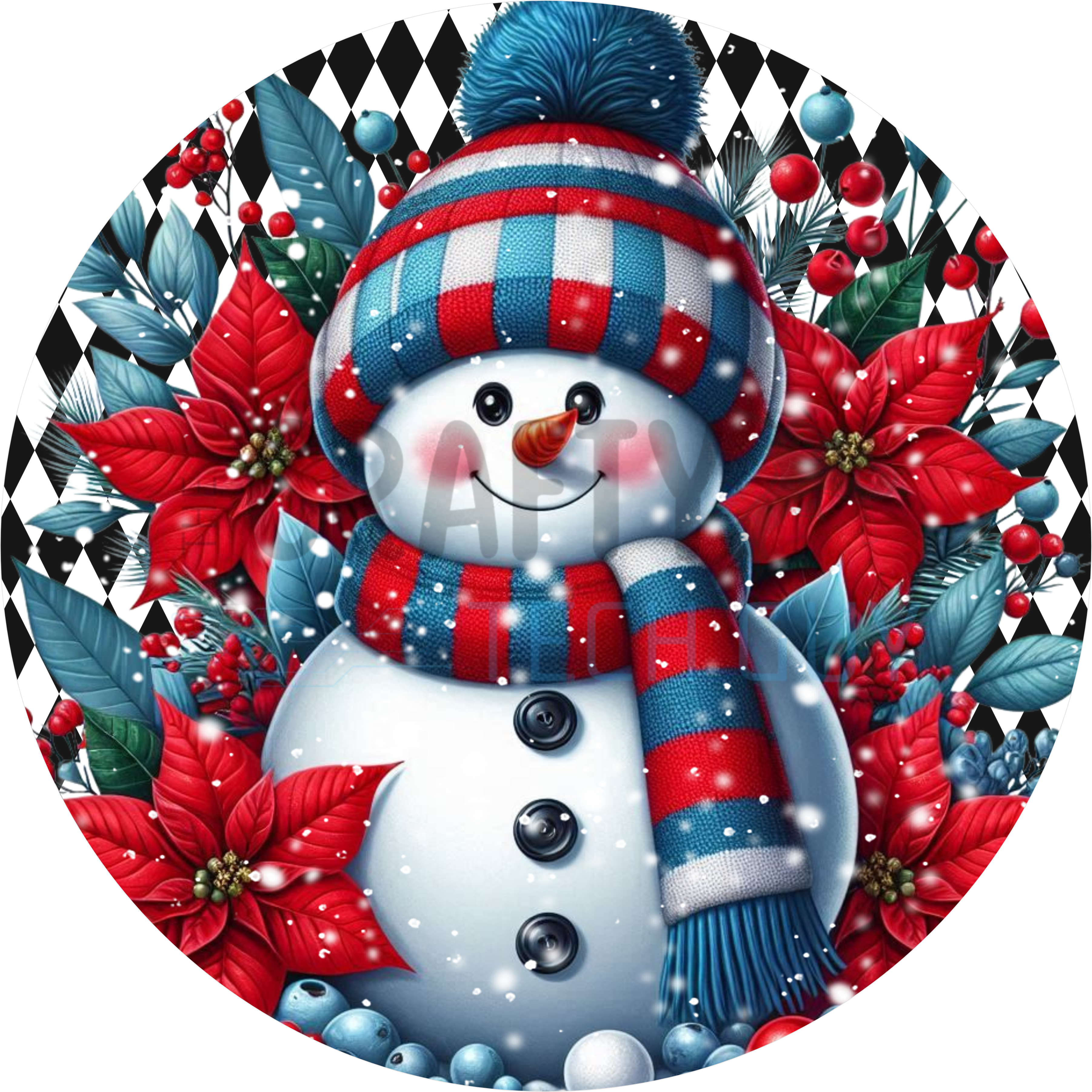 Snowman Christmas Design | Red and Blue Plaid Hat and Scarf with Poinsettia Flowers | Cozy Winter Holiday Décor for Seasonal Cheer