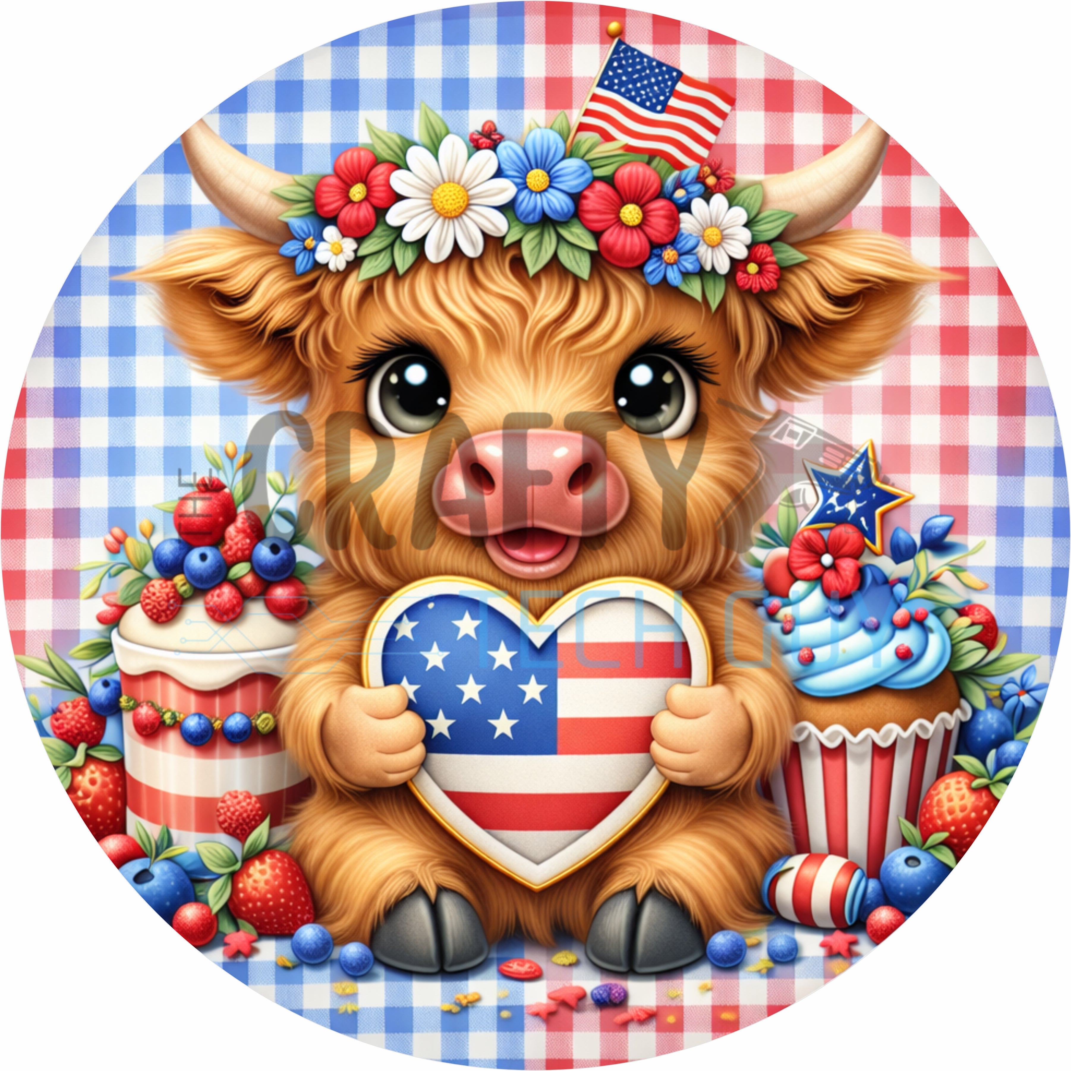 Patriotic Highland Cow Holding American Flag Heart 4th of July Round Wreath Sign