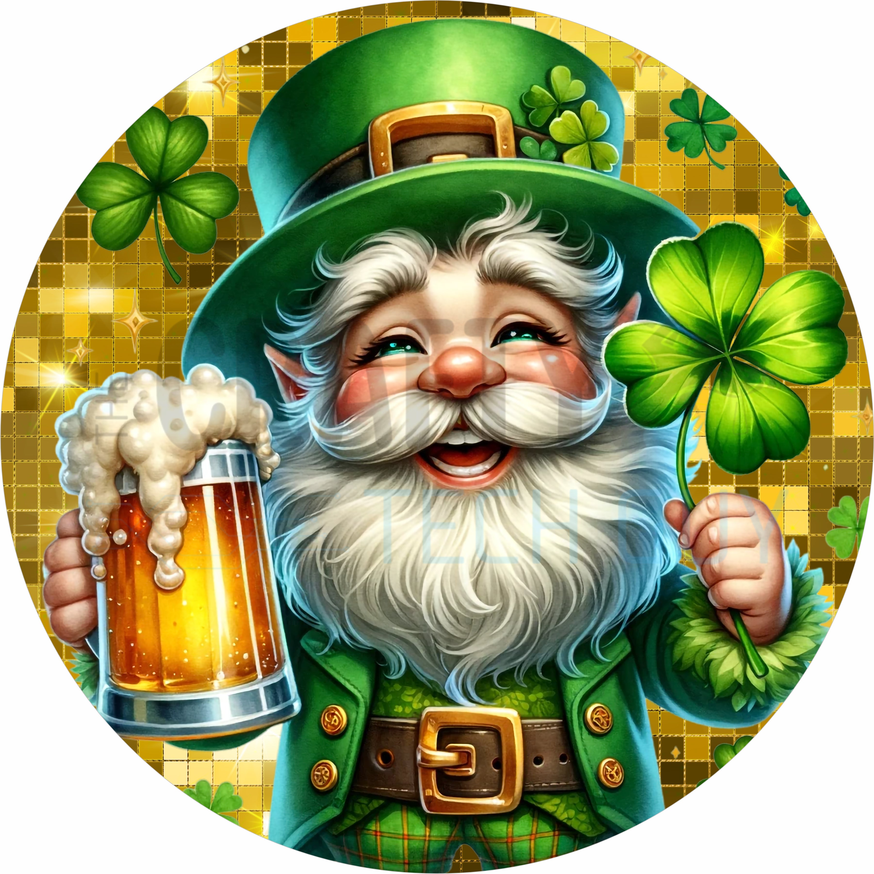 St. Patrick’s Day Gnome Round Wreath Sign – Lucky Leprechaun with Beer & Shamrock Irish Decor