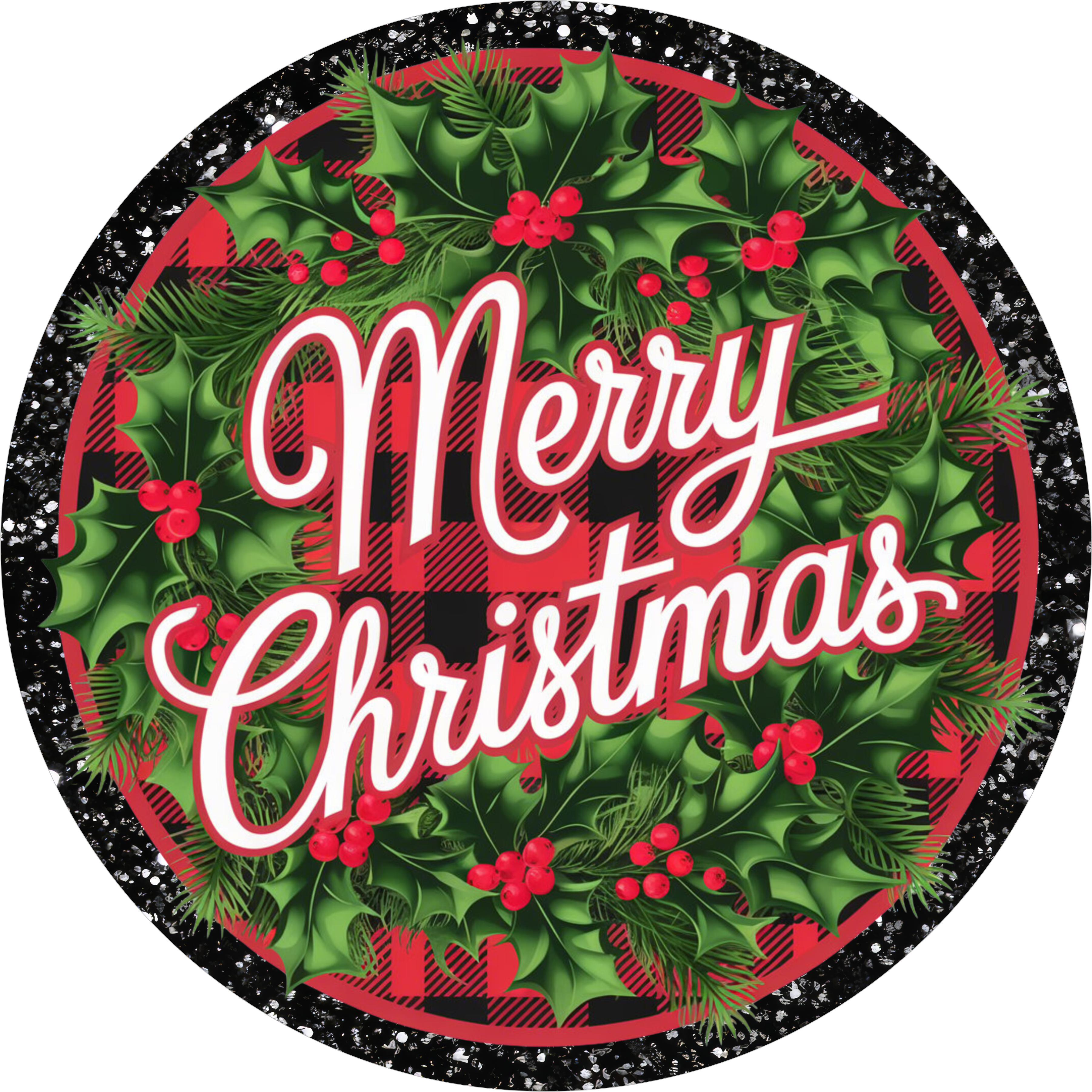 Merry Christmas Red Buffalo Plaid Wreath Sign with Holly, Greenery and Black Glitter Border, Holiday Door Sign, Rustic Farmhouse Christmas Decor, Christmas Wreath Insert for Front Door, Traditional Holiday Accent for Wreath Makers