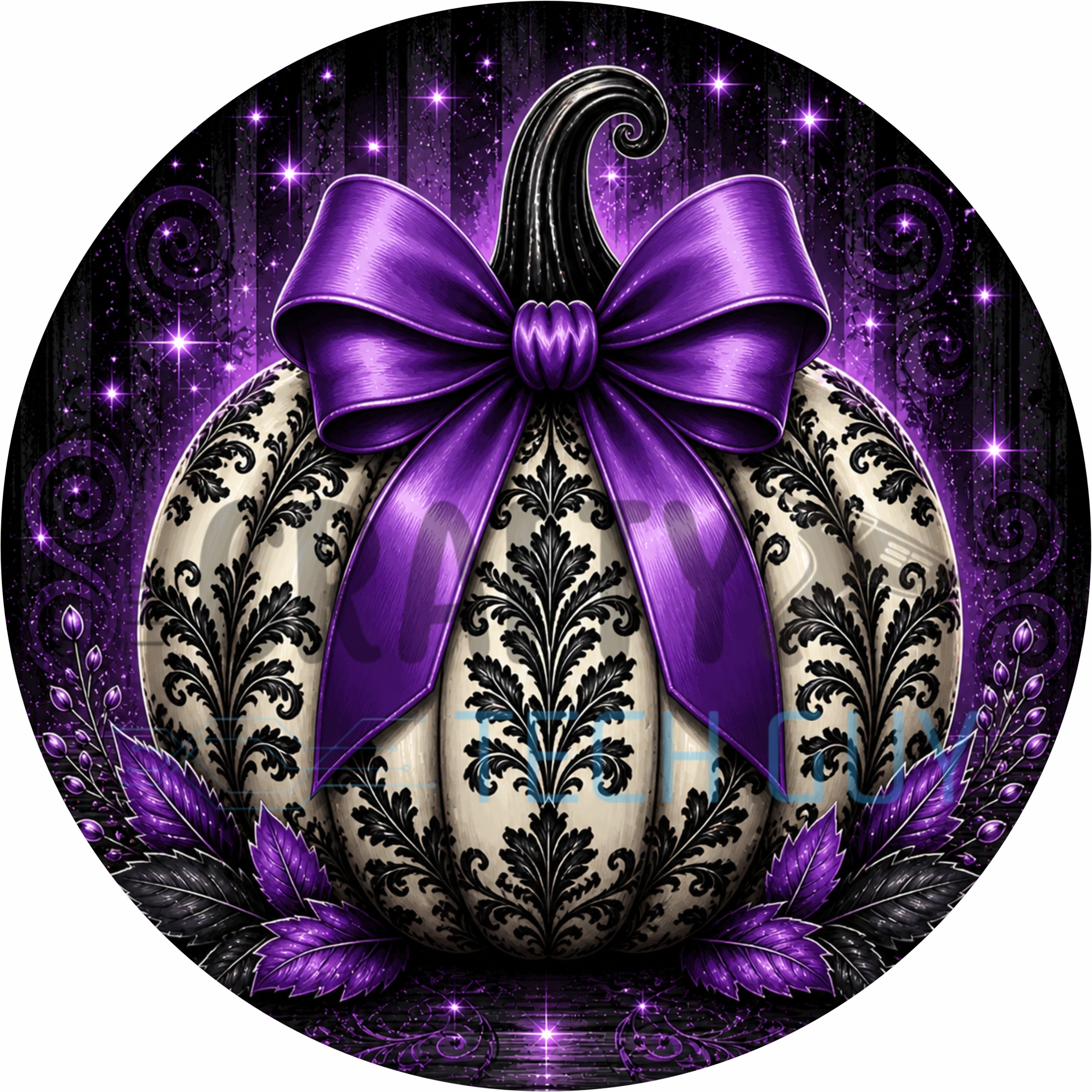 Purple Damask Halloween Pumpkin Round Wreath Sign