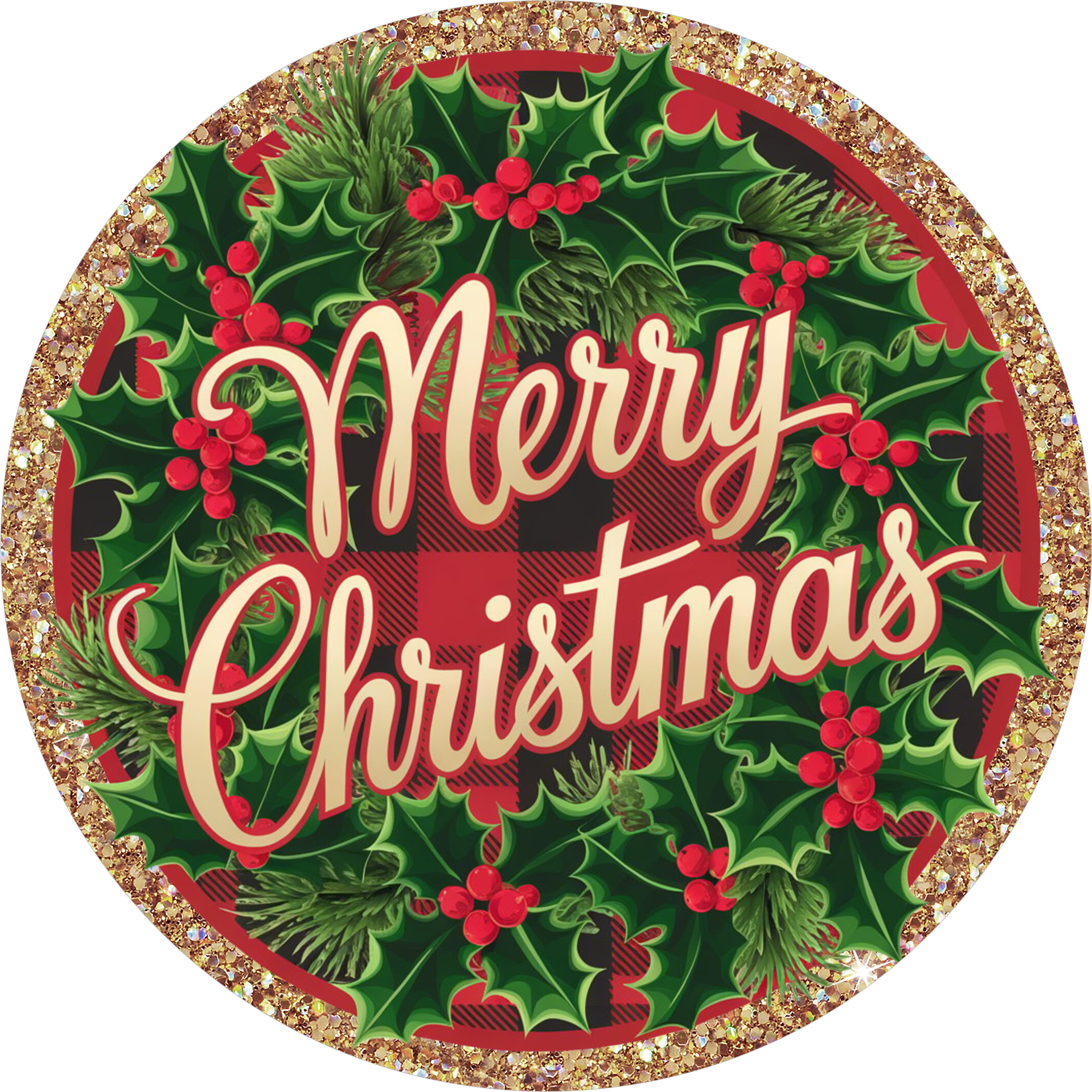 Merry Christmas Red Buffalo Plaid Holiday Sign with Gold Glitter Border and Holly Wreath, Classic Christmas Wreath Sign for Front Door, Festive Rustic Farmhouse Wreath Attachment, Holiday Decor Accent for Christmas Crafts