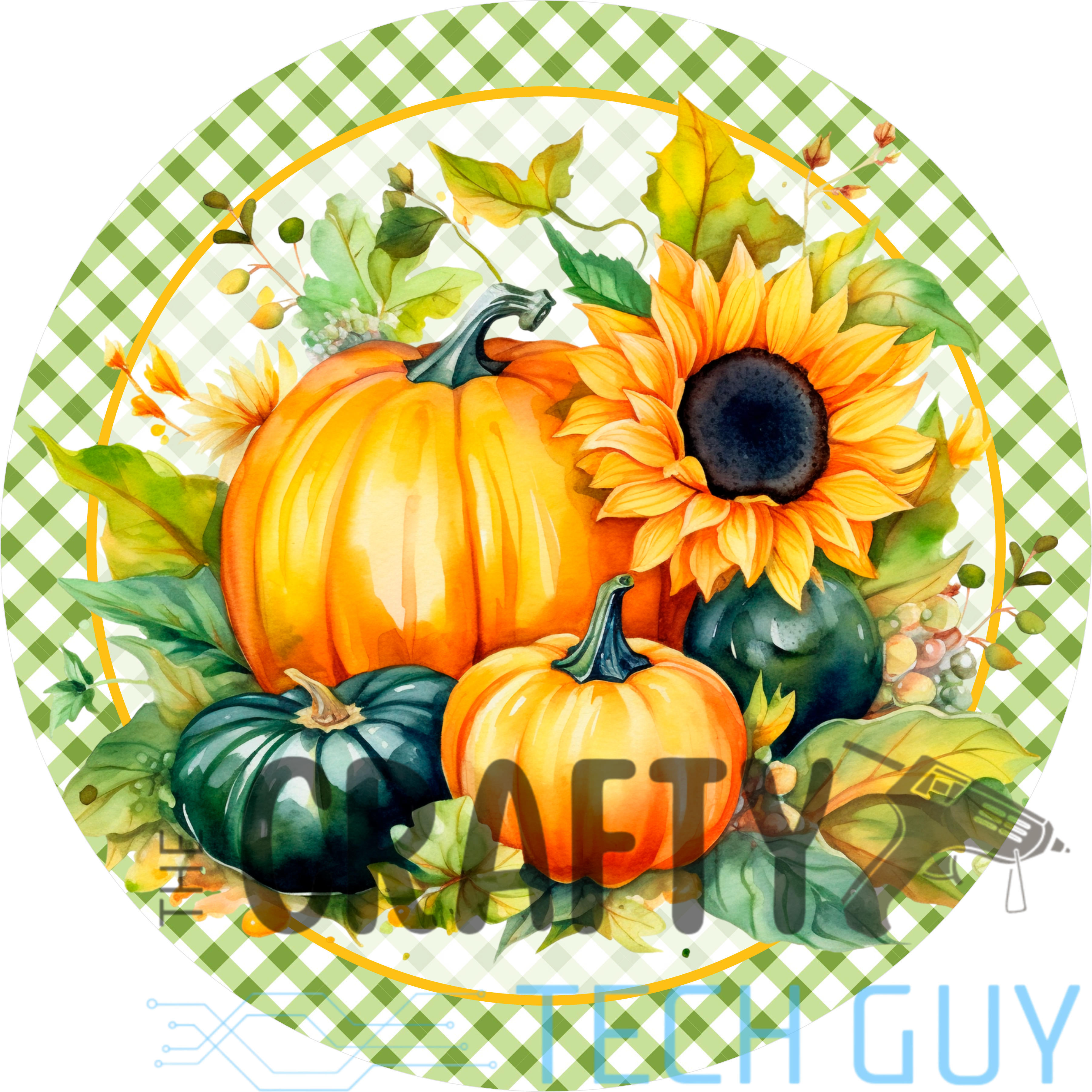 Letrero de corona de otoño con calabaza y girasol, colgador de puerta de granja con temática de cosecha otoñal, decoración rústica de Acción de Gracias con cuadros verdes, letrero de calabaza de acuarela para coronas.