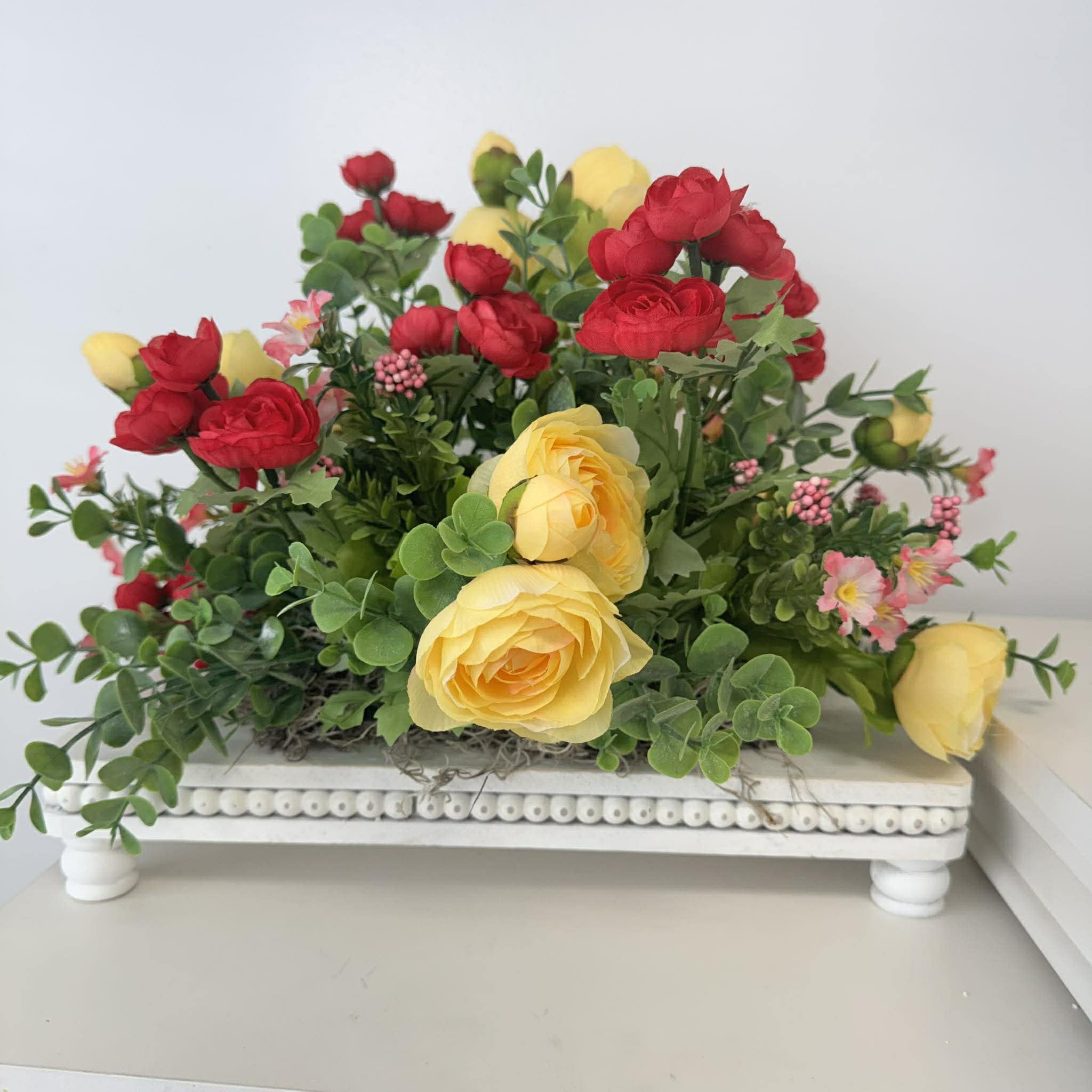 Red and Yellow Floral Centerpiece, Spring Summer Table Decor, Rustic Garden Arrangement with White Wood Base