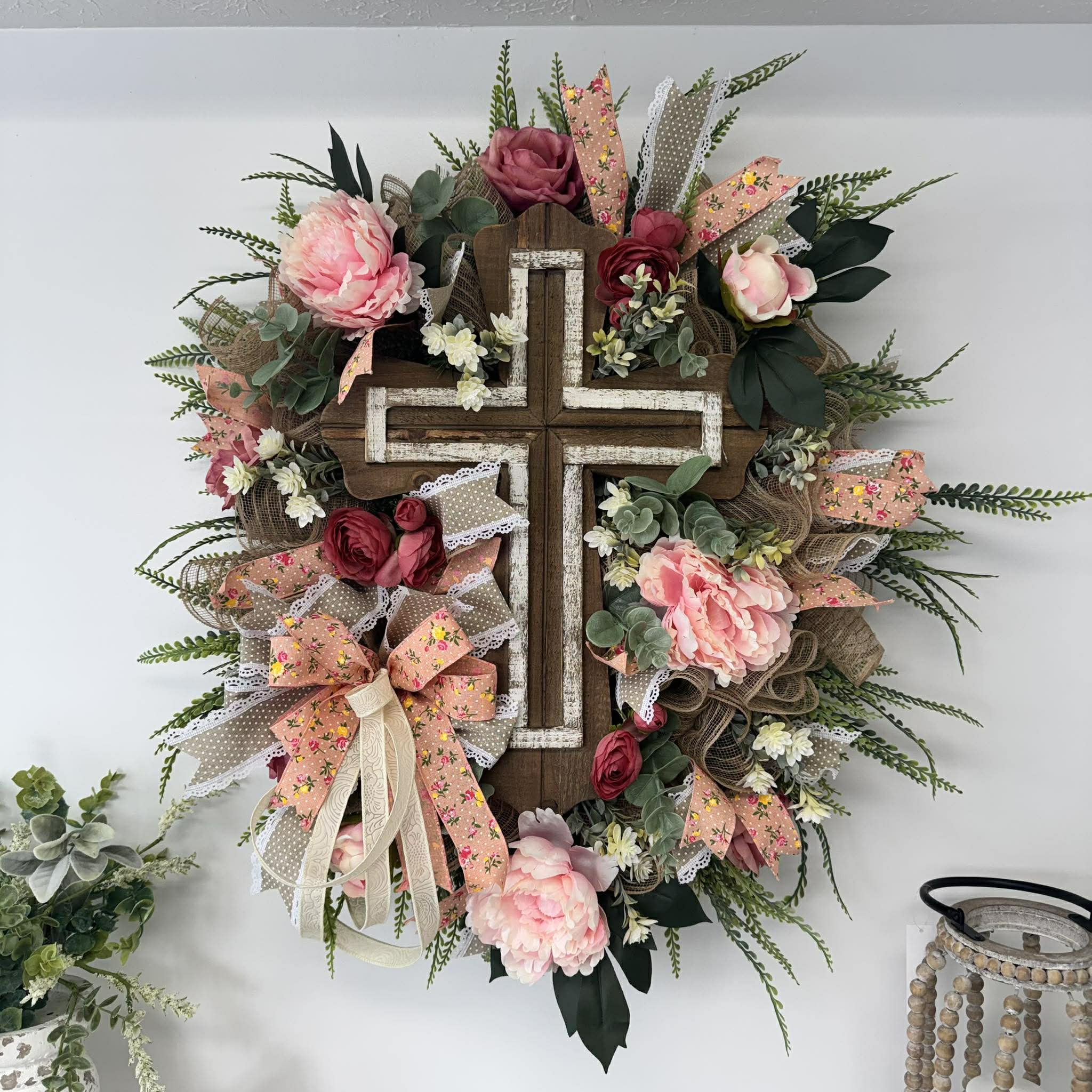 Spring Floral Cross Door Wreath, Rustic Wooden Cross Wreath with Pink Peonies and Burlap Bow, Christian Home Decor