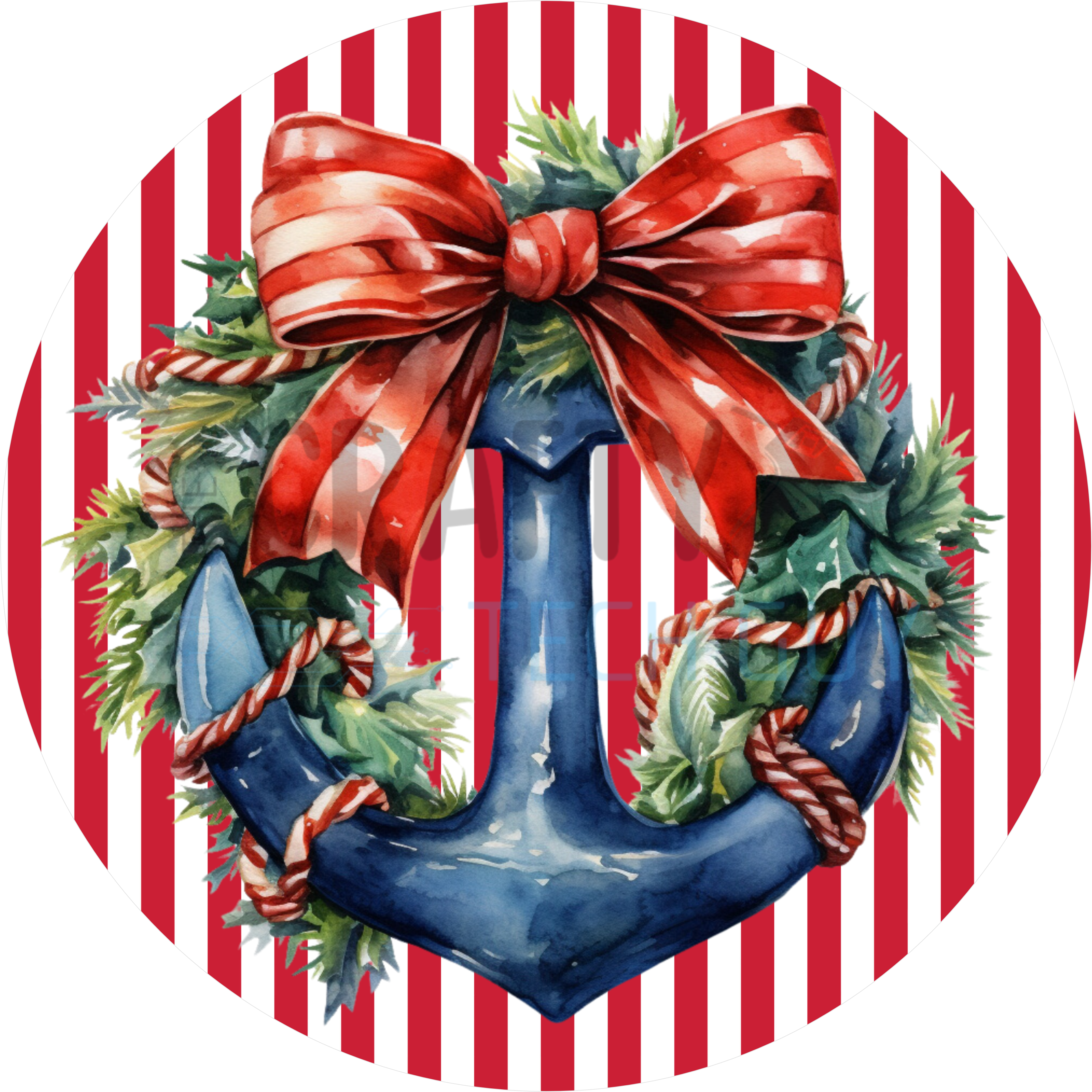 Coastal Christmas Anchor Design with Red and White Stripes, Festive Wreath, and Nautical Holiday Bow