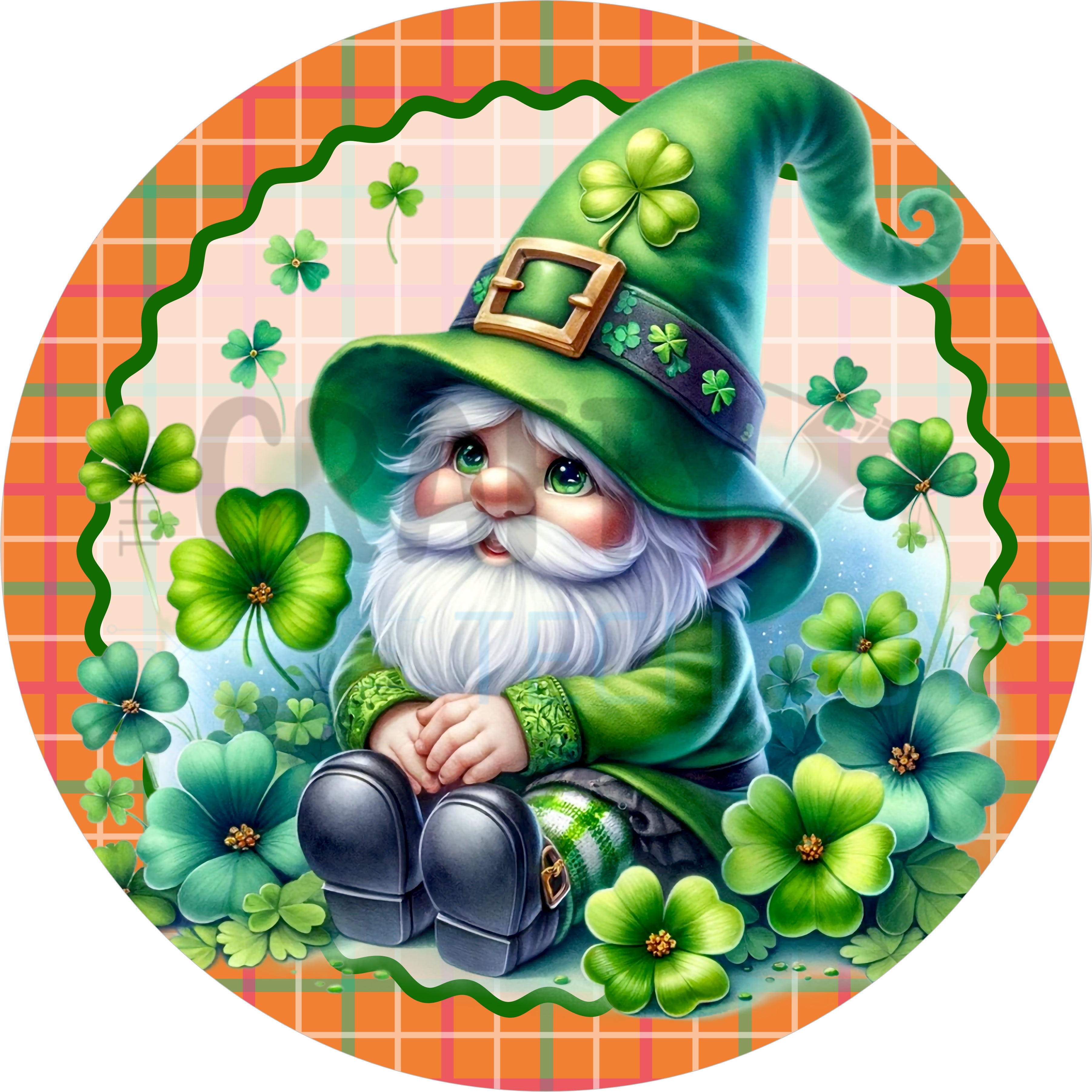 St. Patrick’s Day Gnome Round Wreath Sign – Lucky Leprechaun with Shamrocks Irish Decor