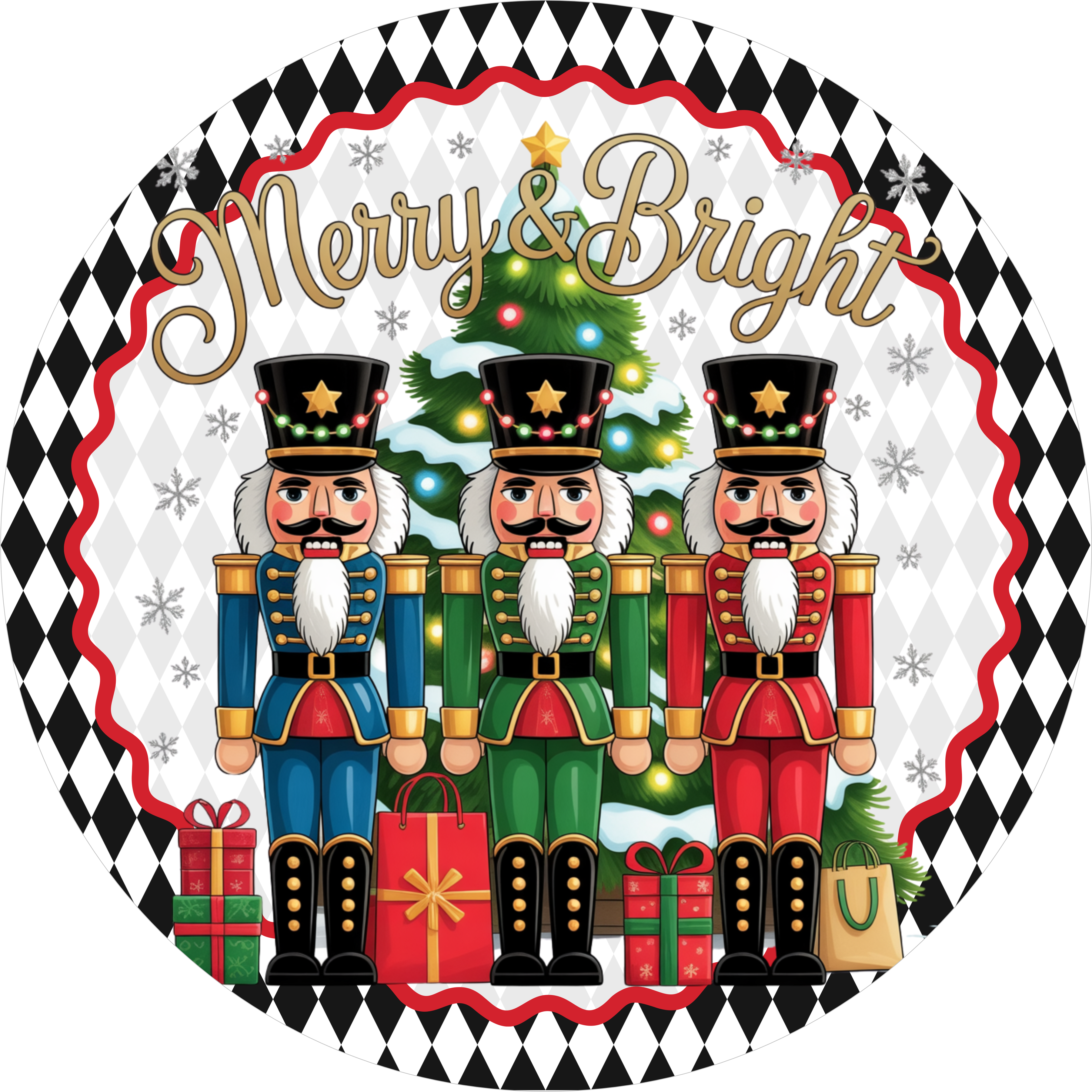 Christmas Nutcracker King Sign in Red and Green with Ornate Details, Harlequin Border and Poinsettia Accents, Royal Holiday Wreath Sign, Traditional Christmas Decor, Elegant Wreath Attachment for Front Door or Wall, Holiday Craft Supply