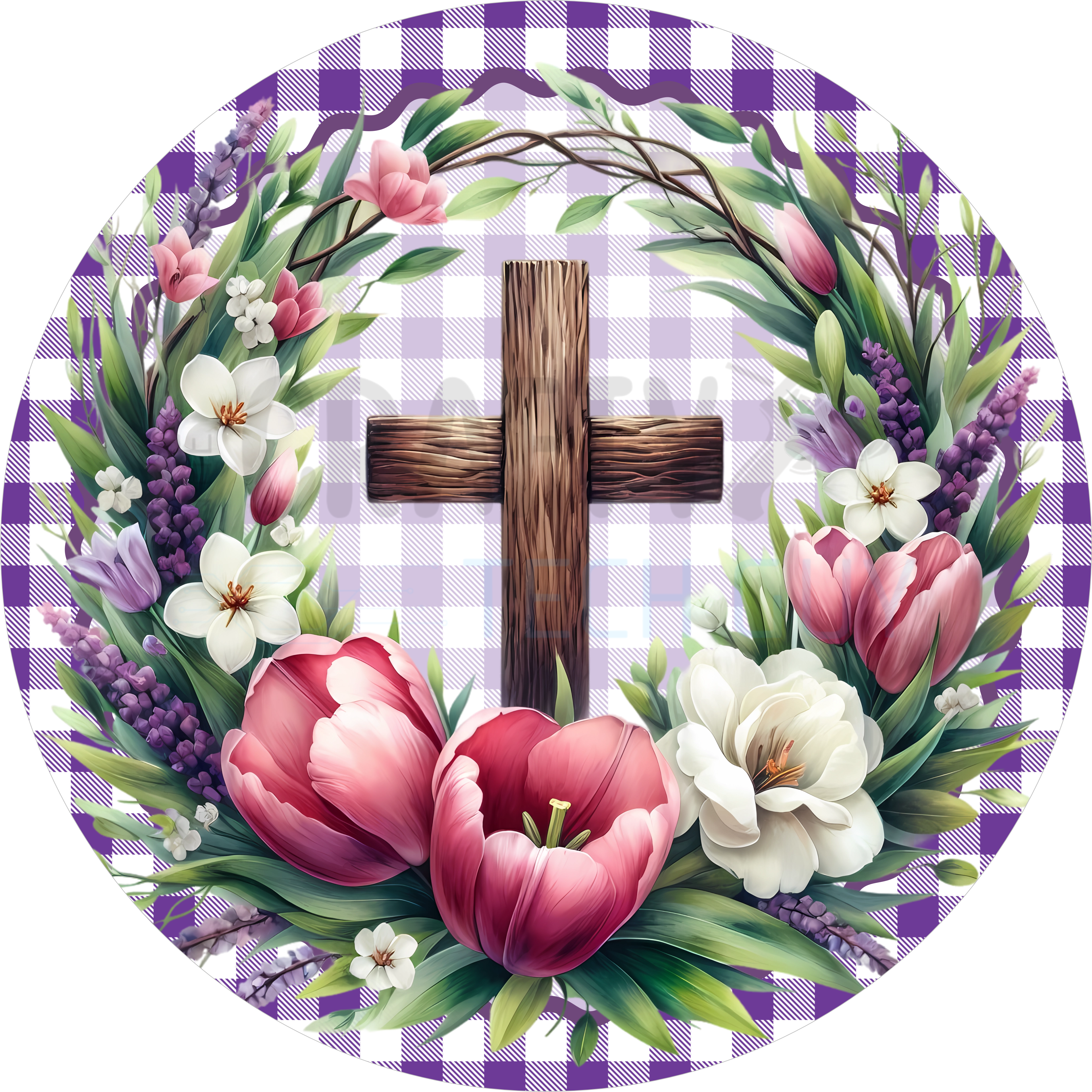Purple Gingham Floral Cross Door Sign