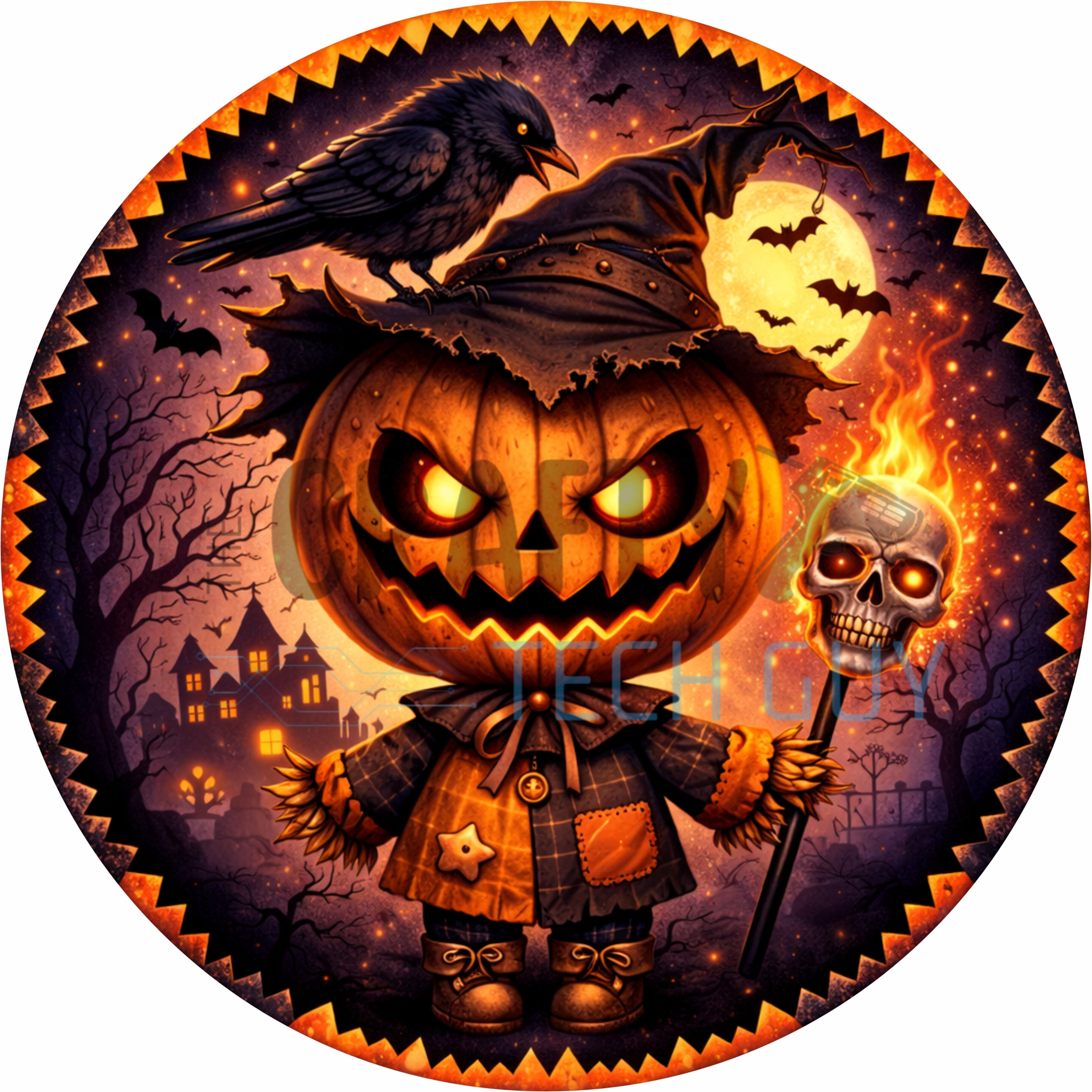Spooky Jack O Lantern Scarecrow Halloween round wreath sign