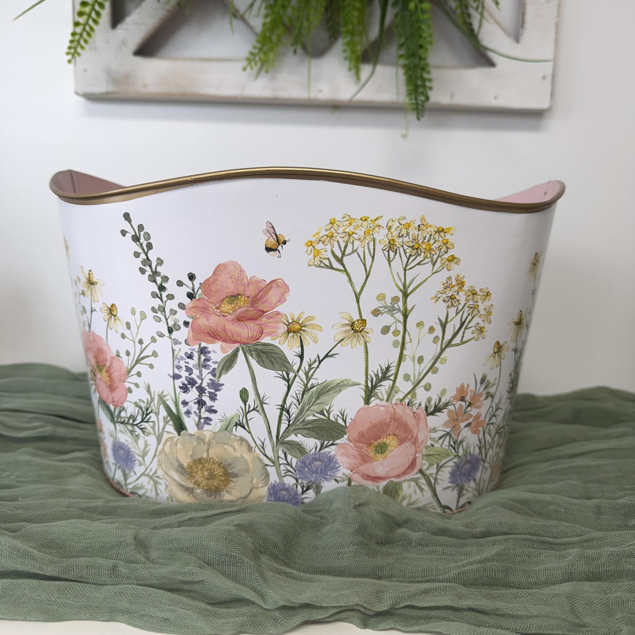 Large Floral Metal Planter, Wildflower Bee Garden Container, Pink Interior Planter, Statement Spring Decor