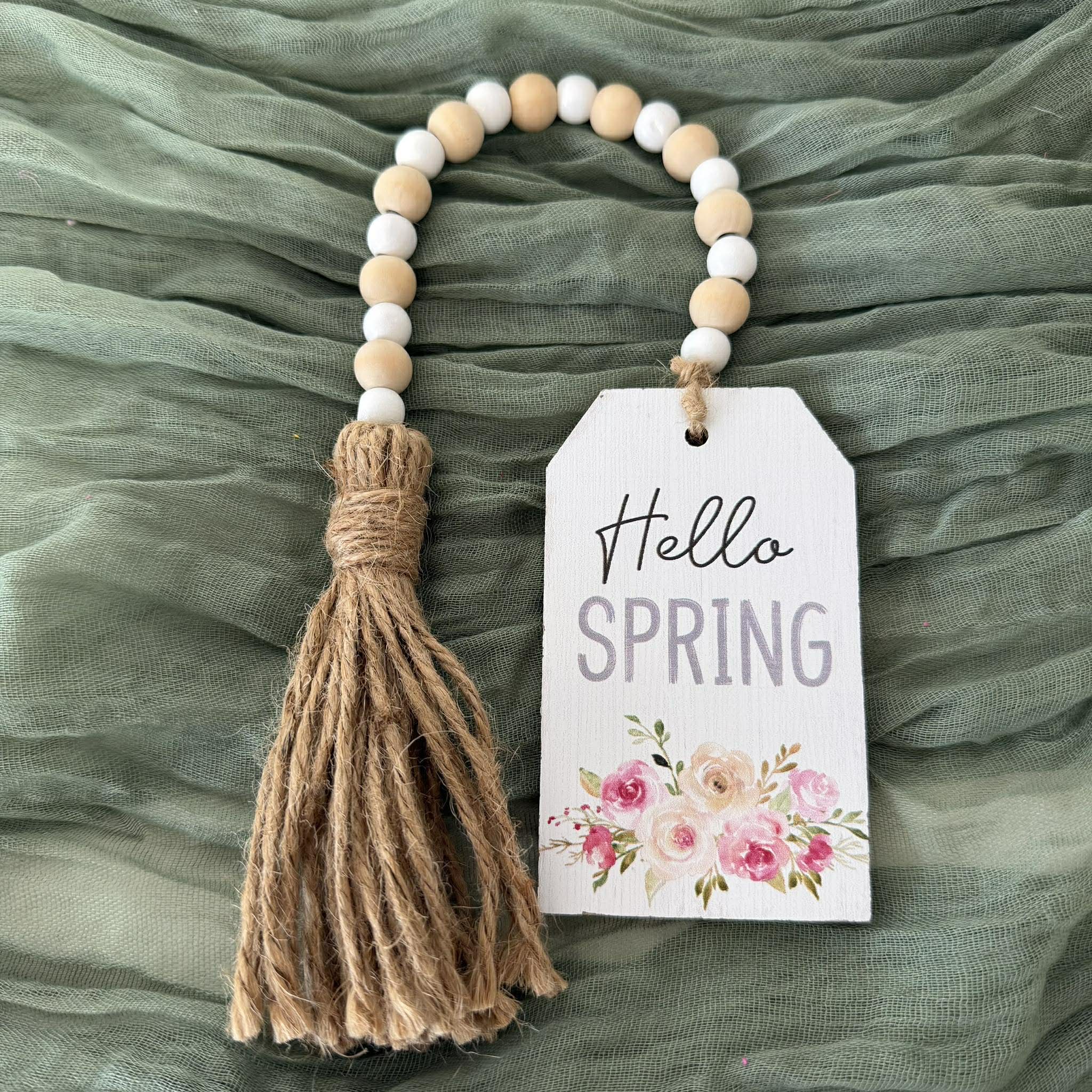 Spring Beaded Tag Garland, Easter Wood Tag Decor, Bunny Hunny Sign or Hello Spring Sign, Farmhouse Tiered Tray Decor
