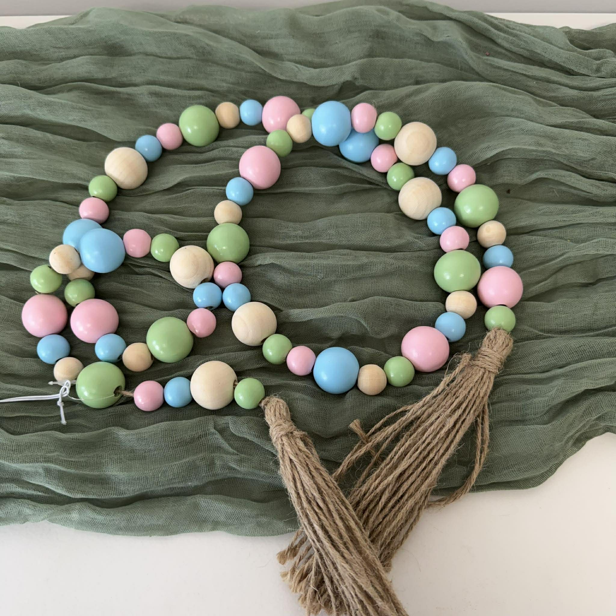 4 Foot Easter Beaded Garland, Pastel Wood Bead Garland with Tassels, Spring Farmhouse Mantel Decor, Easter Shelf Accent