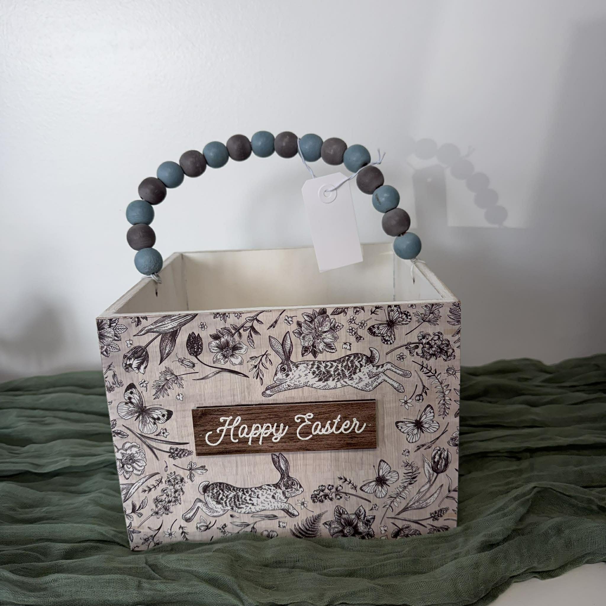 Easter Wooden Basket Decor, Happy Easter Bunny Box, Farmhouse Spring Storage Basket, Rustic Easter Table Centerpiece