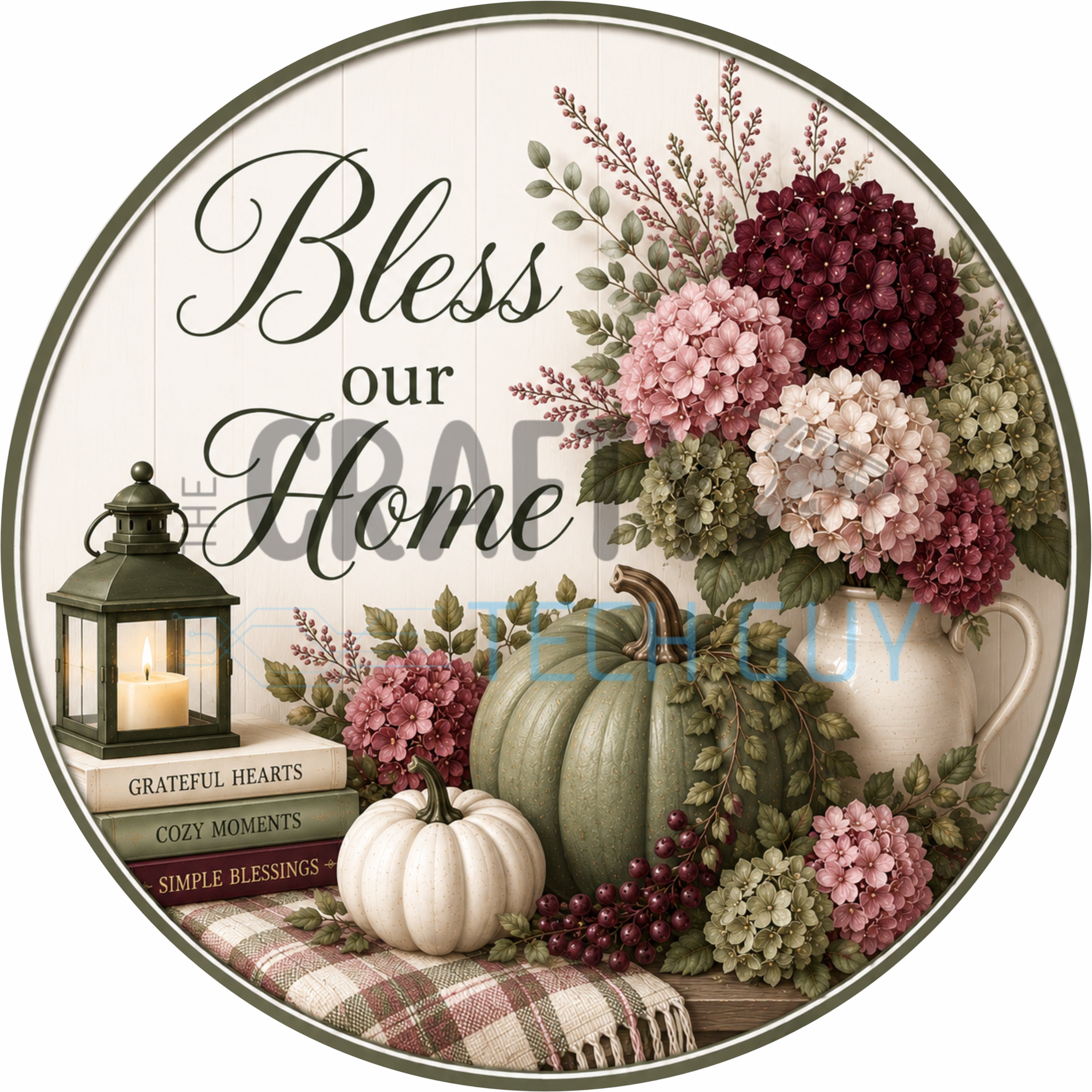 Bless Our Home Sage Pumpkin and Hydrangea Fall Round Wreath Sign