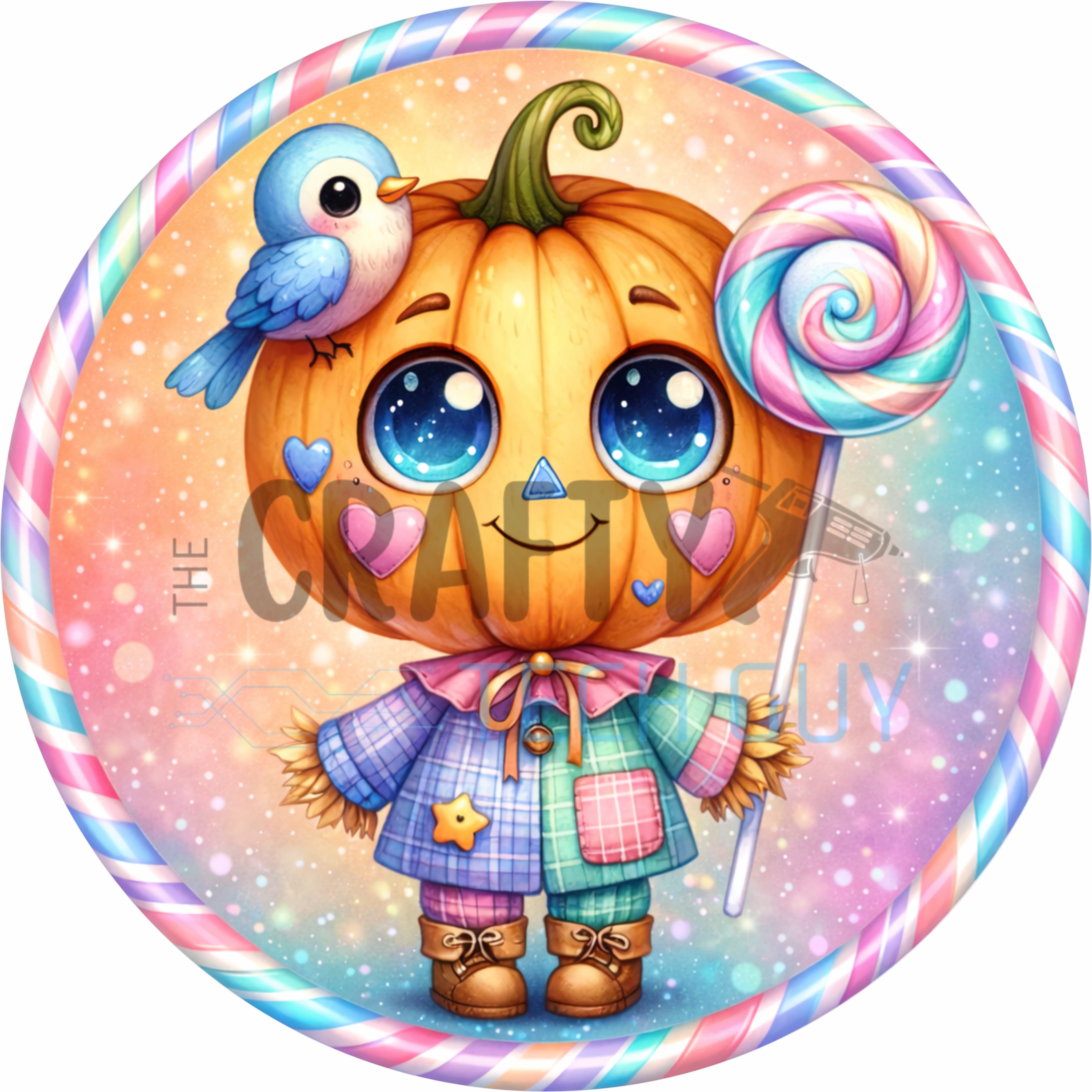 Cute Candy Pumpkin Scarecrow Halloween round wreath sign