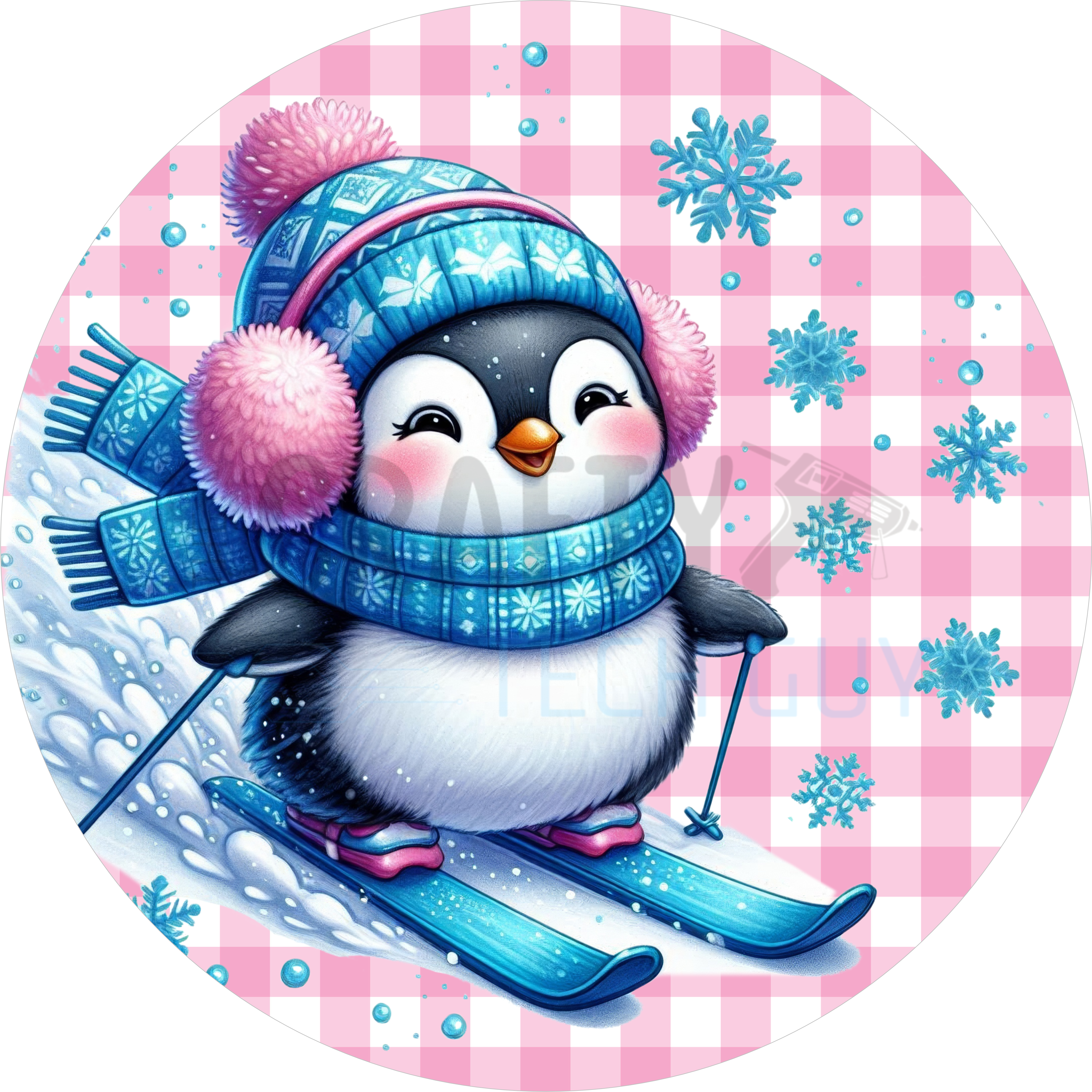 Skiing Penguin Christmas Sign, Pink & Blue Winter Decor, Cute Snowy Penguin Wreath Accent