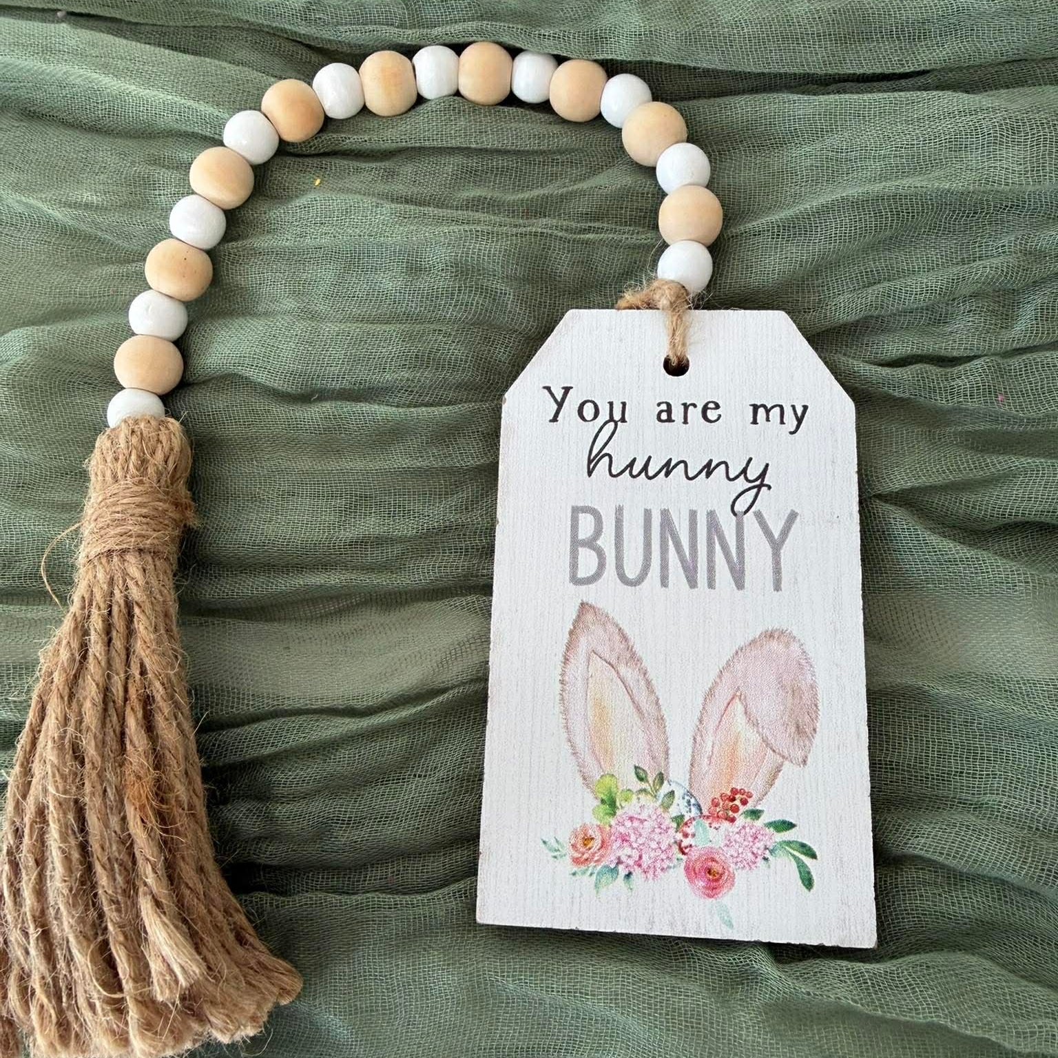 Spring Beaded Tag Garland, Easter Wood Tag Decor, Bunny Hunny Sign or Hello Spring Sign, Farmhouse Tiered Tray Decor