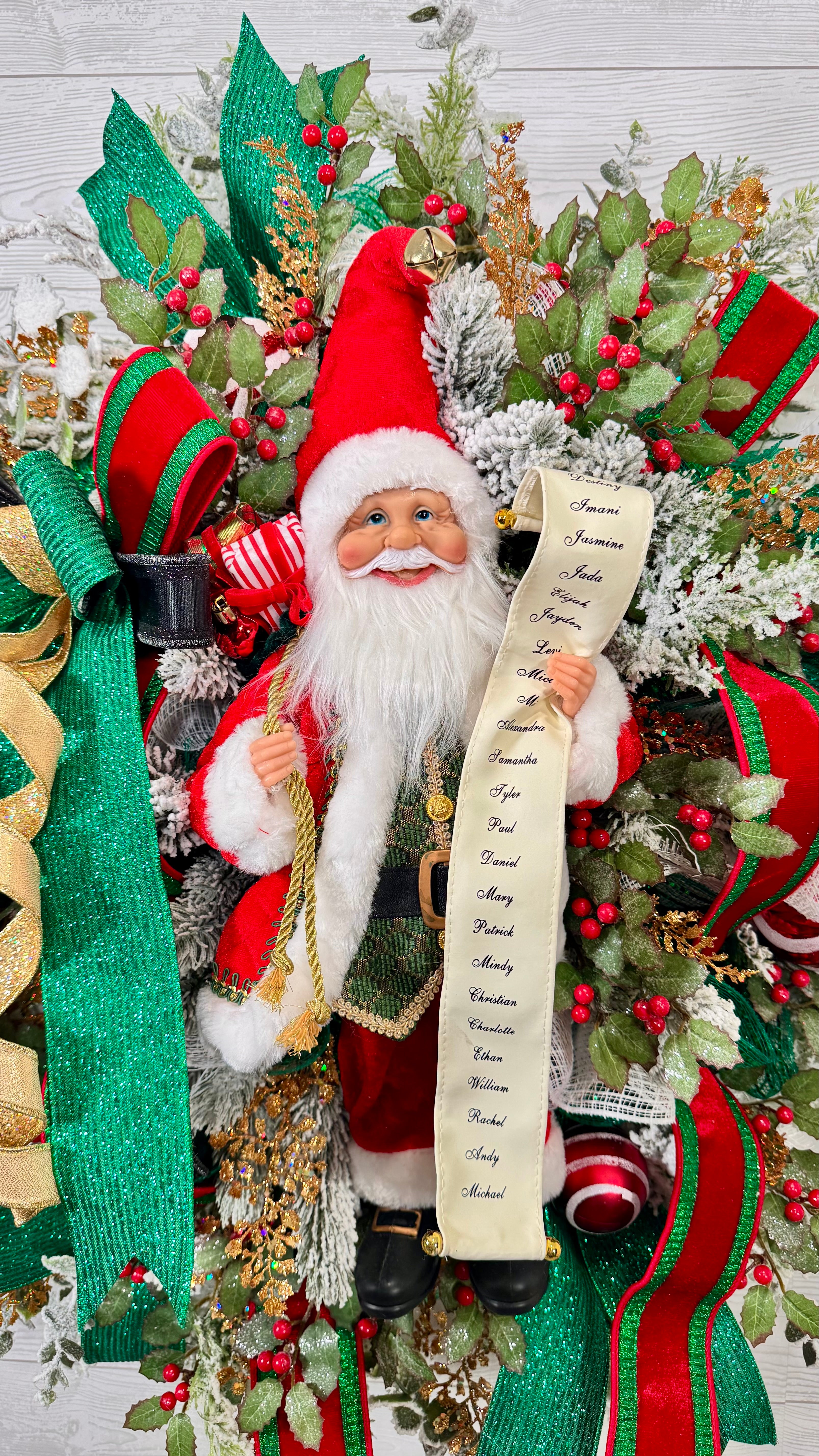 Santa Christmas Wreath, Festive Holiday Wreath with Santa Figure, Green and Gold Ribbon, Red Berries & Peppermint Accents