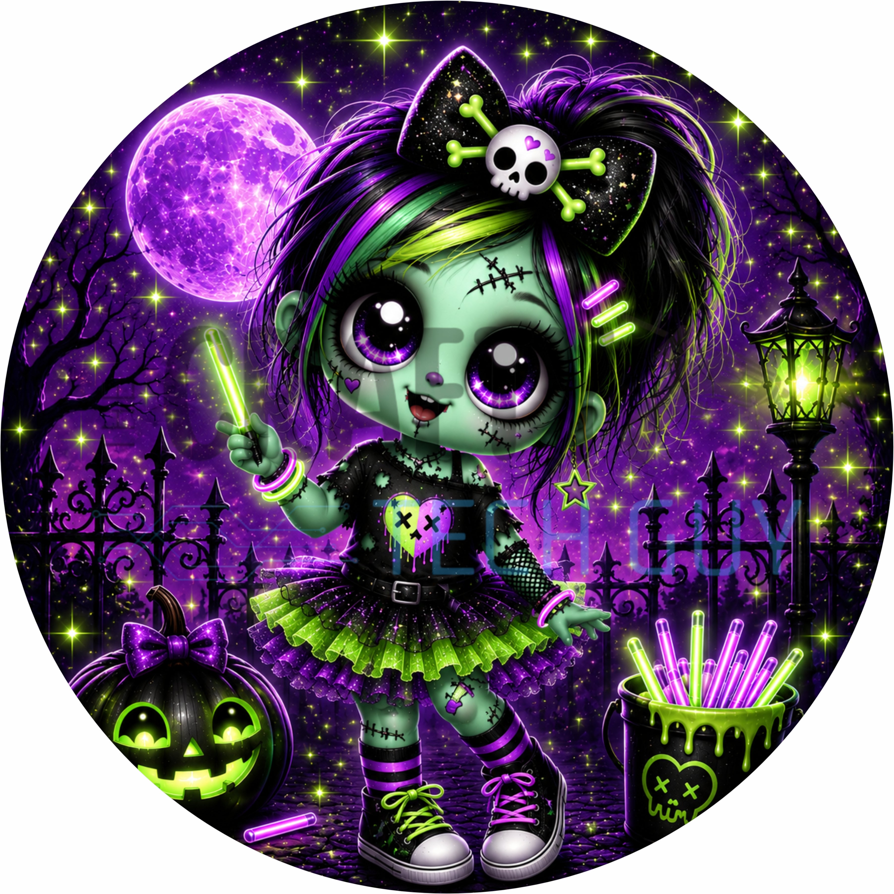 Cute Neon Zombie Girl Halloween Round Wreath Sign