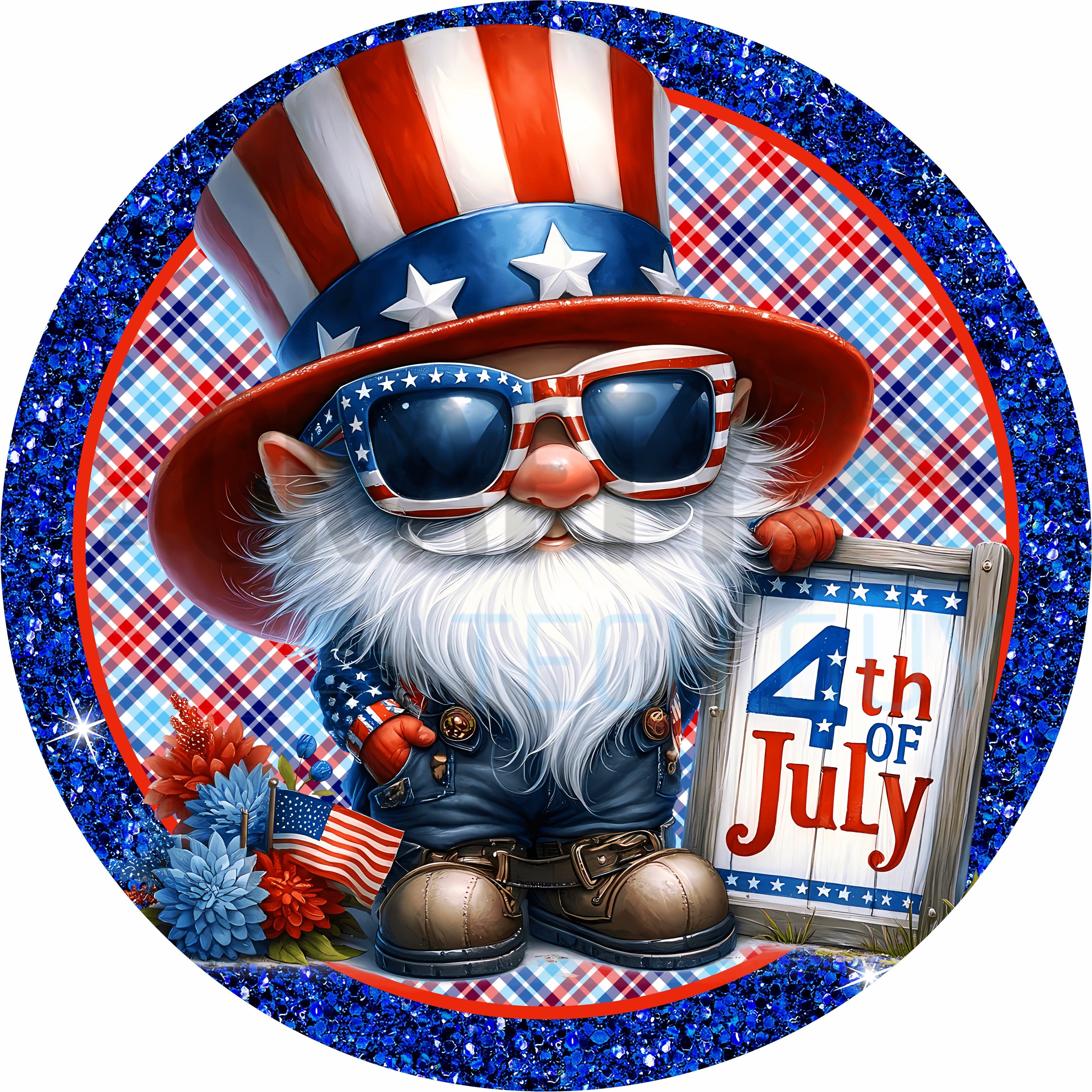 4th of July Gnome Round Wreath Sign – Patriotic Uncle Sam Gnome Americana Decor