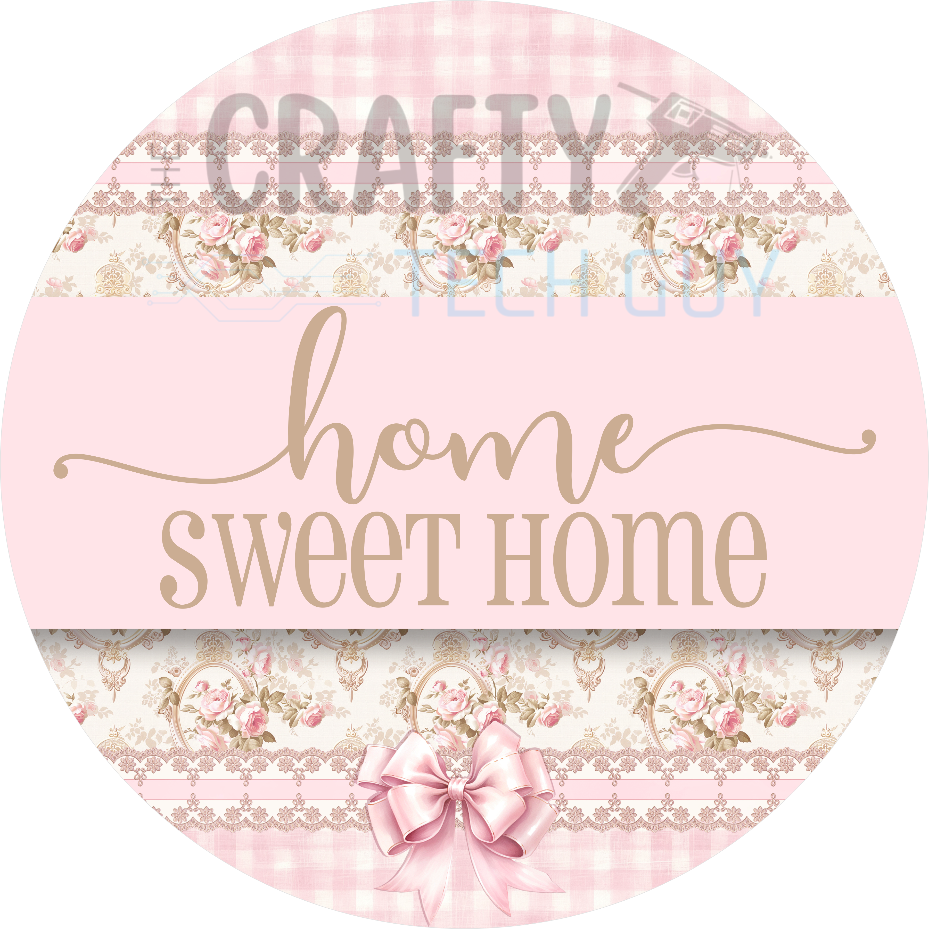 Home Sweet Home Design | Elegant Pink and Beige Floral Lace Pattern with Gingham Background and Satin Bow Accent