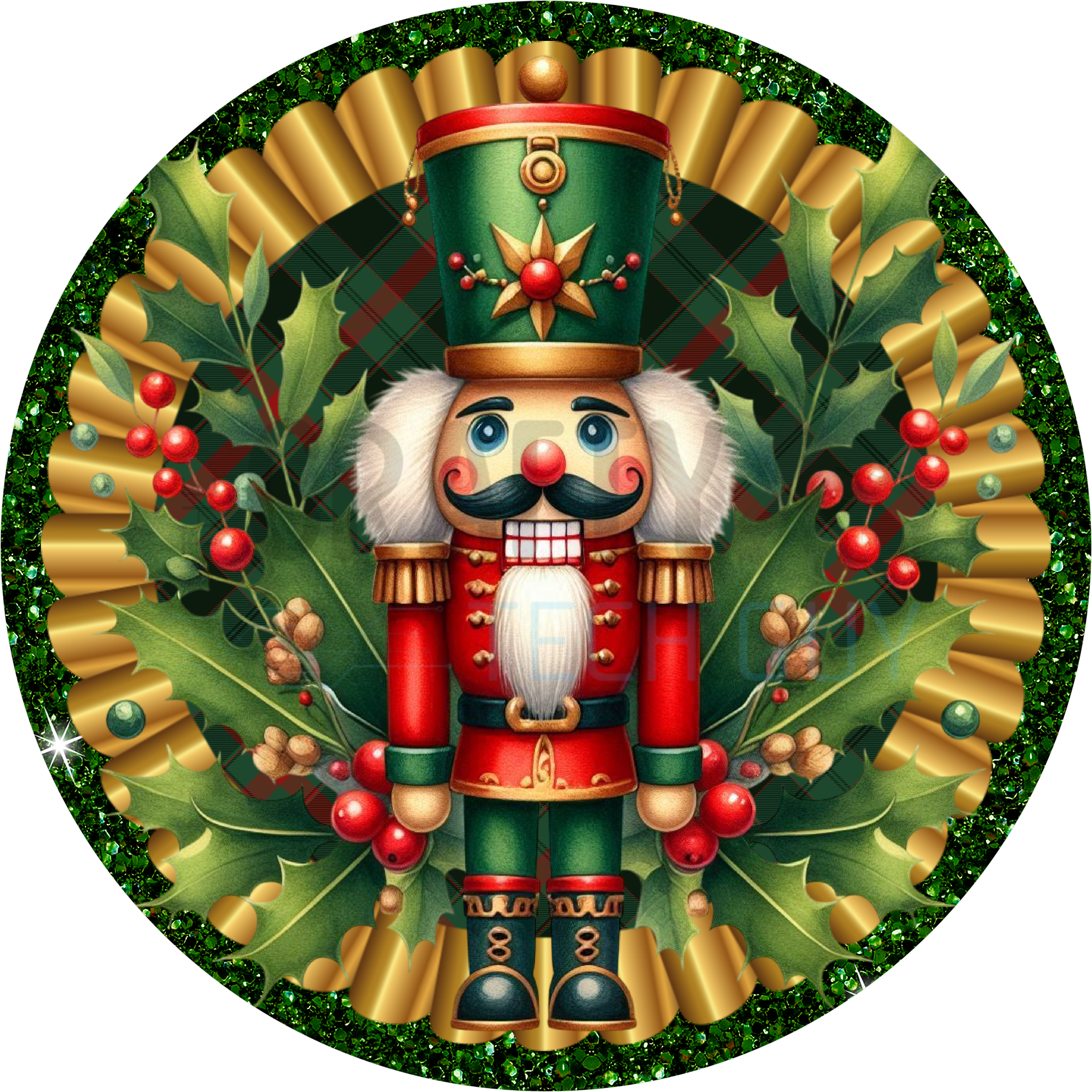Classic Christmas Nutcracker Wreath Sign with Green Glitter Border, Holly Leaves, and Red Berries for Holiday Door Décor