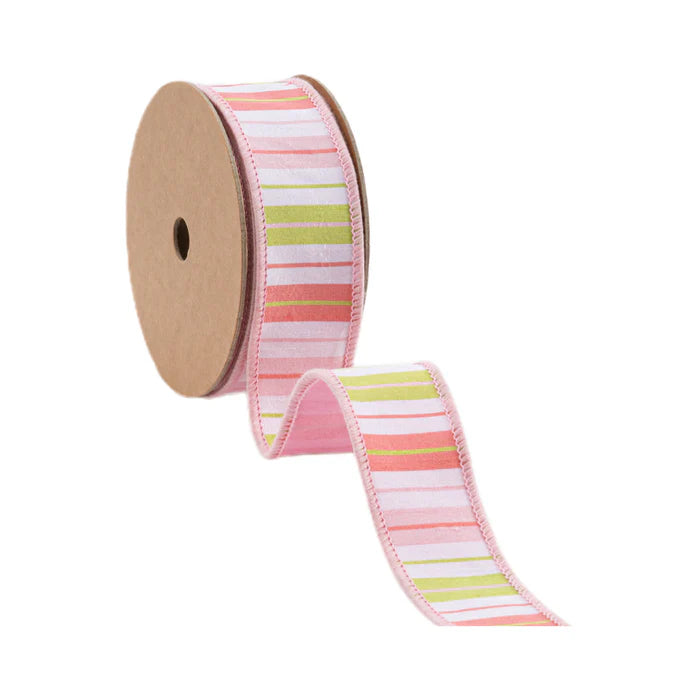 1.5" 10 YD Pink, Green and White Stripes with Pink Backing Wired Dupioni Ribbon