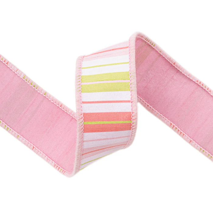 1.5" 10 YD Pink, Green and White Stripes with Pink Backing Wired Dupioni Ribbon