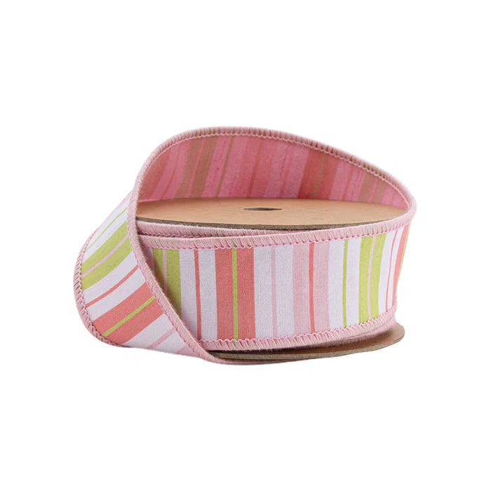 1.5" 10 YD Pink, Green and White Stripes with Pink Backing Wired Dupioni Ribbon