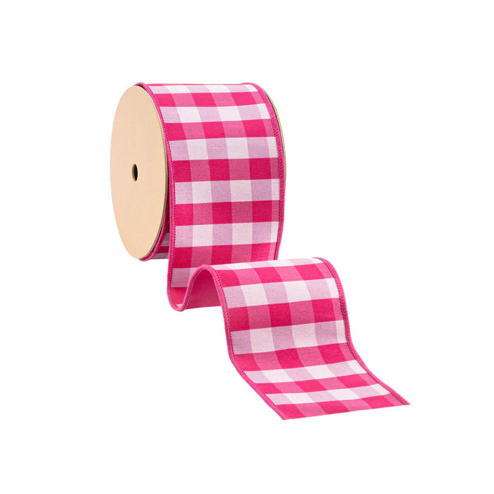 4" 10 YD 1 1/2" Pink and White Medium Check with Pink Backing Wired Dupioni Ribbon