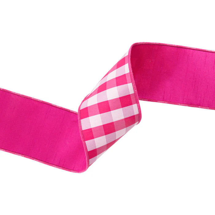 4" 10 YD 1 1/2" Pink and White Medium Check with Pink Backing Wired Dupioni Ribbon