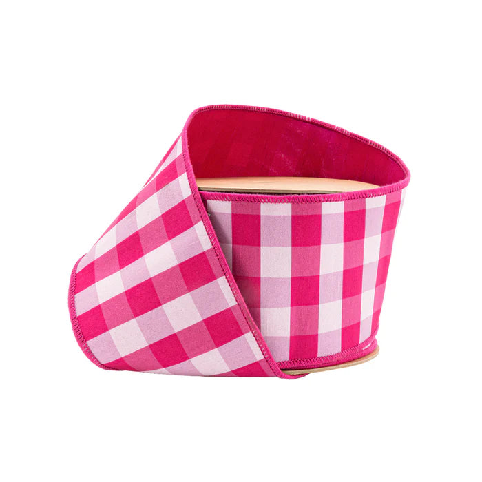 4" 10 YD 1 1/2" Pink and White Medium Check with Pink Backing Wired Dupioni Ribbon