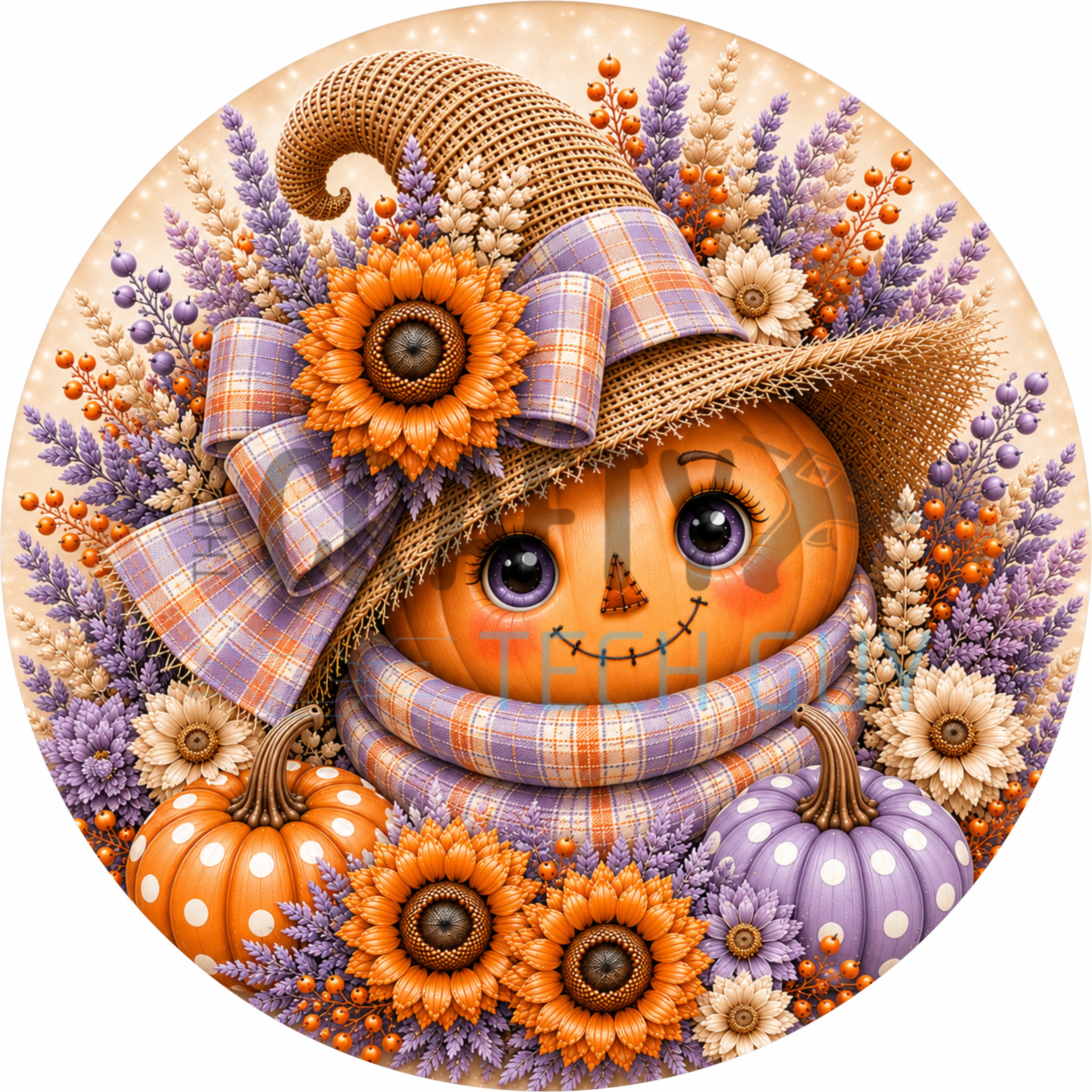 Lavender Plaid Pumpkin Scarecrow Fall Harvest Round Wreath Sign