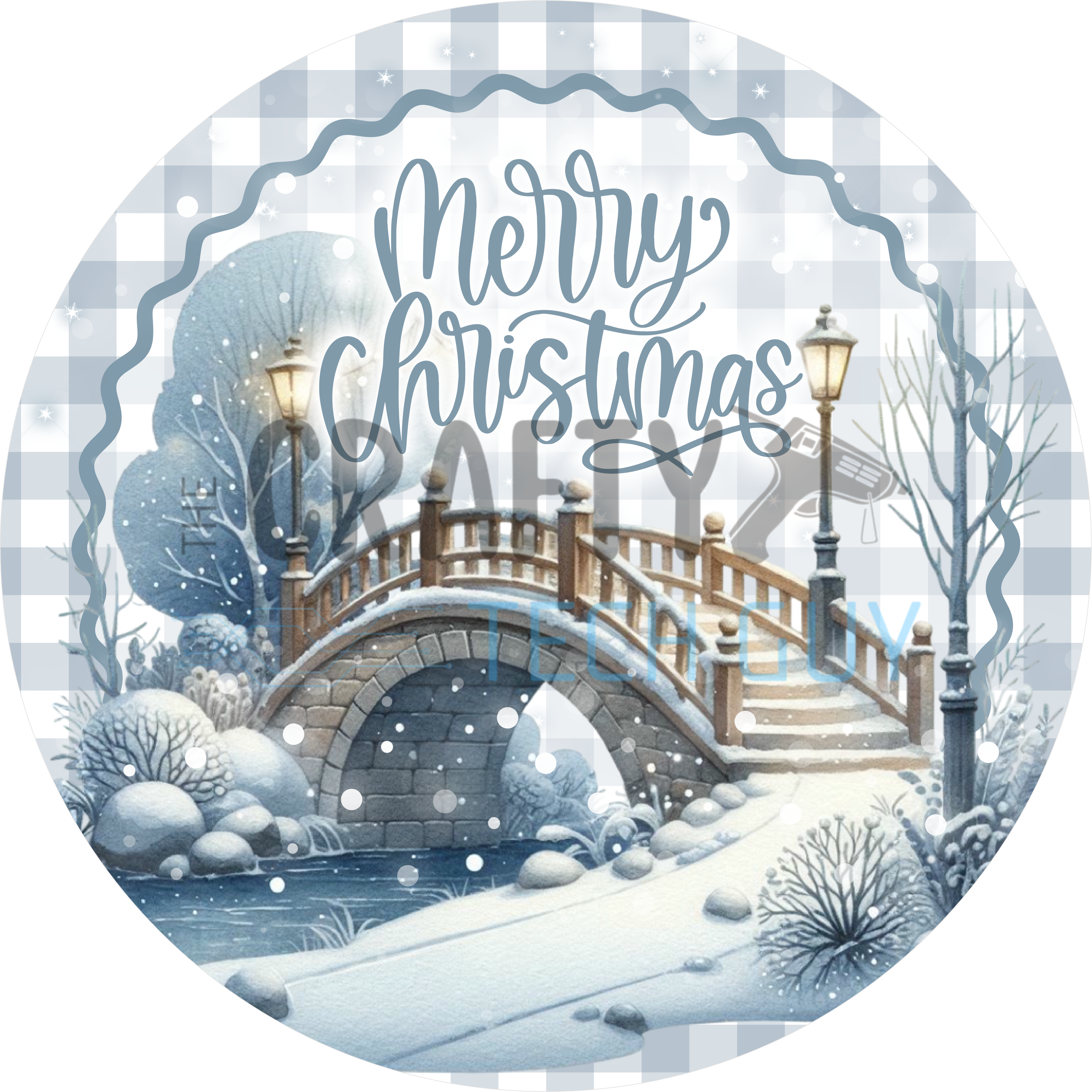 Merry Christmas Winter Bridge Design | Snowy Landscape with Lanterns and Trees | Serene Holiday Art for Peaceful Christmas Décor